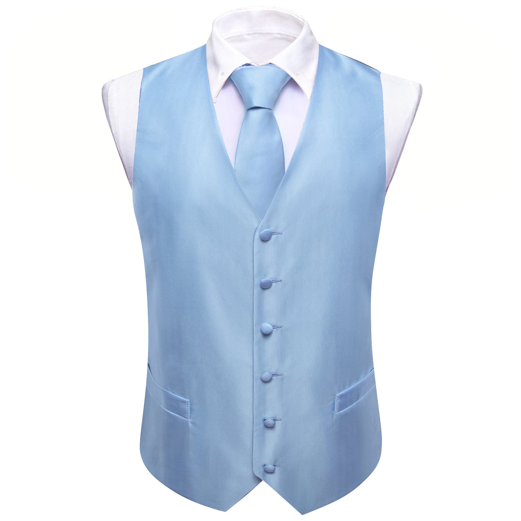 Pale Blue Solid Silk Vest Necktie Pocket Square Cufflinks Set