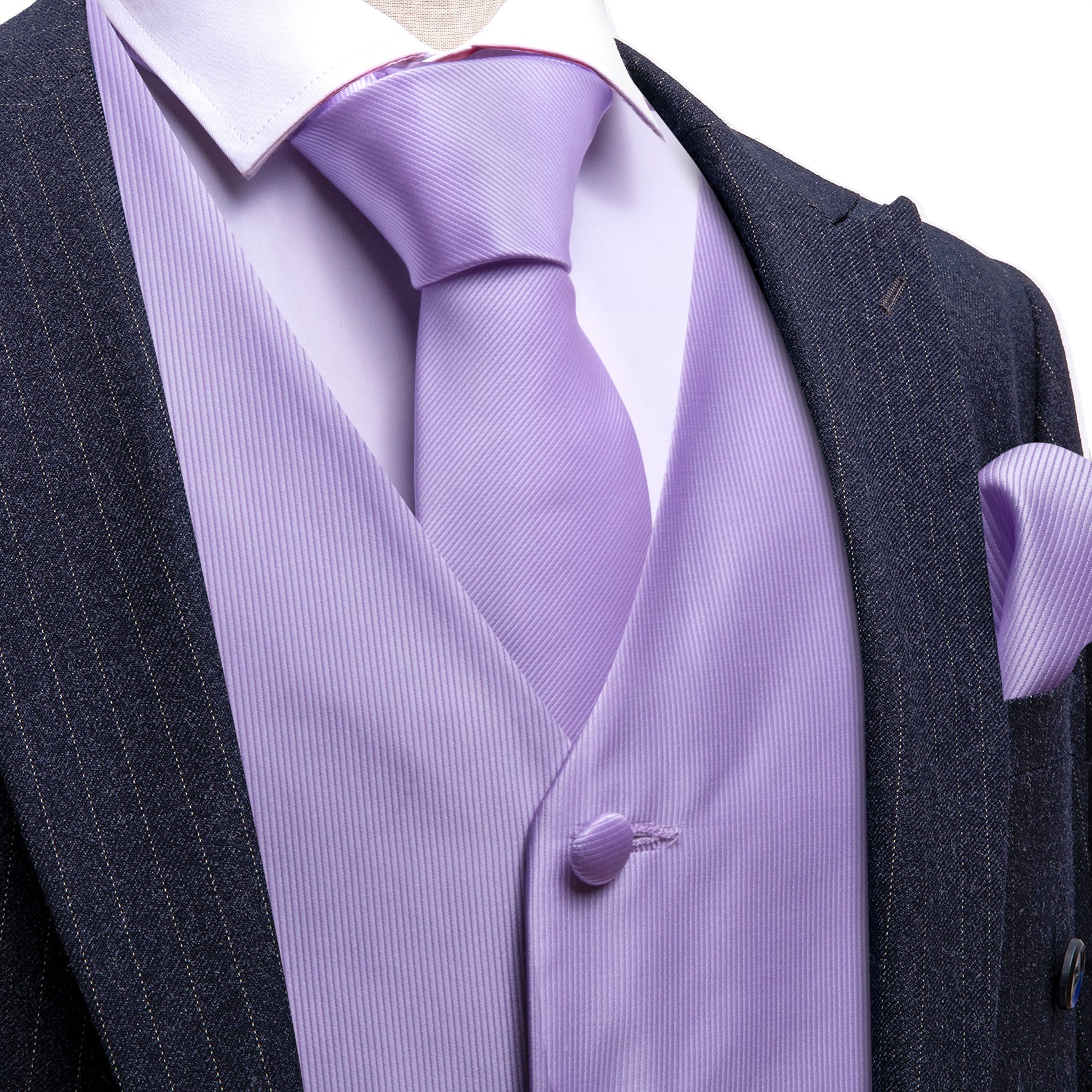 Black suit and Light Purple waistcoat and purple solid ties