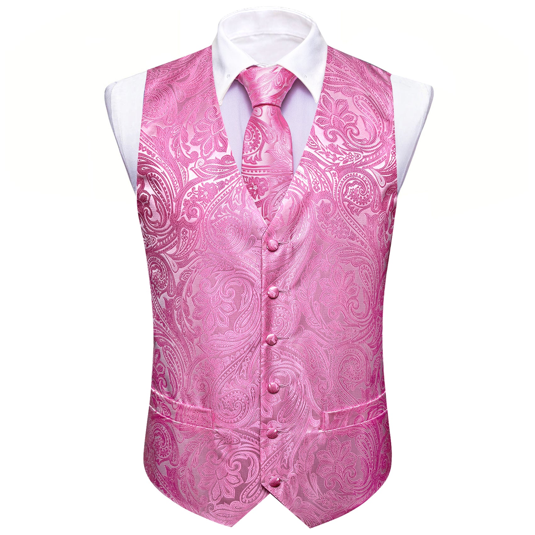 Pink Paisley Silk Vest Tie Pocket square Cufflinks Set