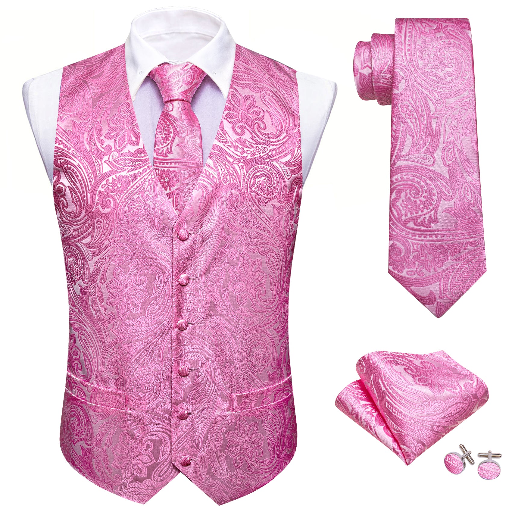 Pink Paisley Silk Vest Tie Pocket square Cufflinks Set