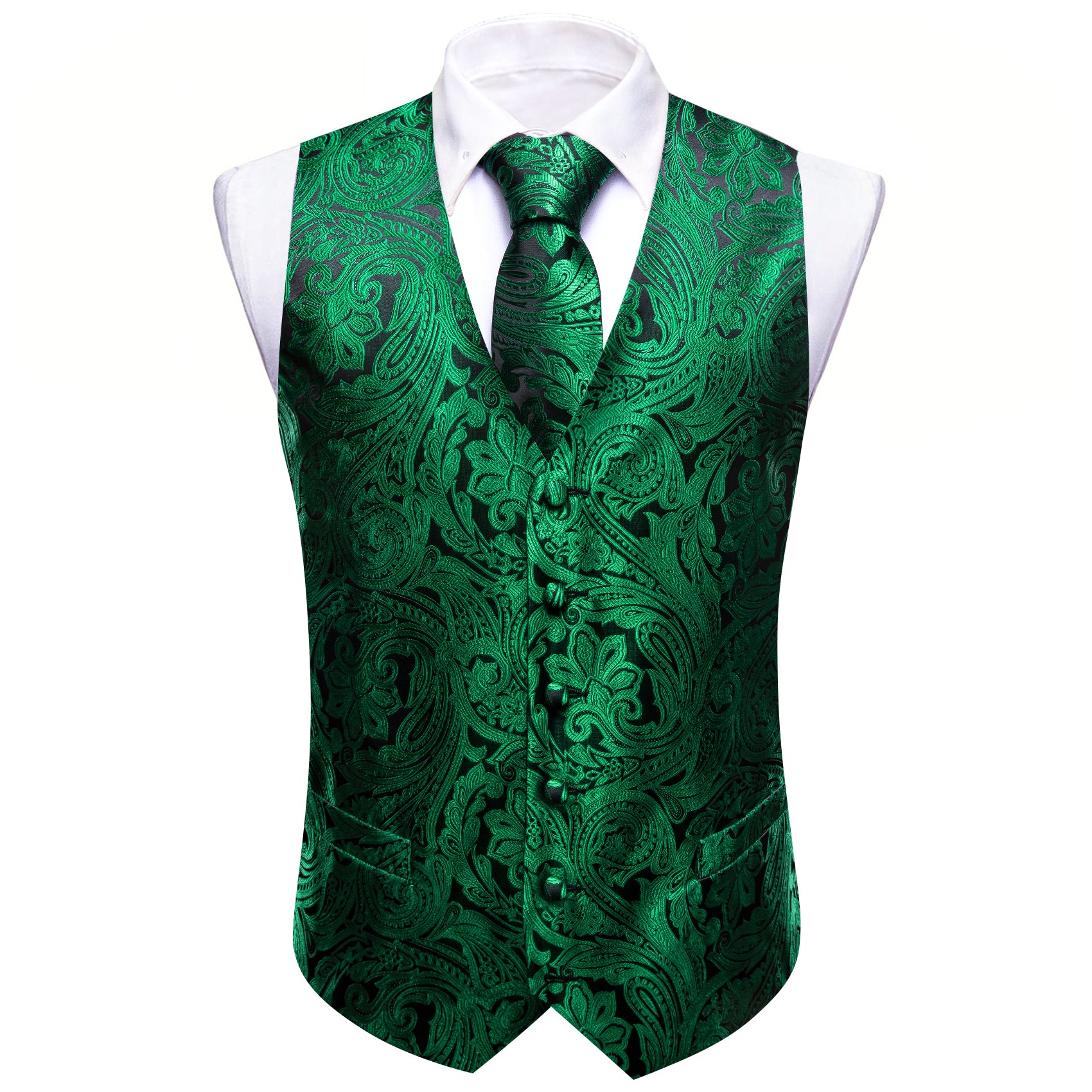 Grass Green Paisley Silk Vest Necktie Pocket Square Cufflinks Set