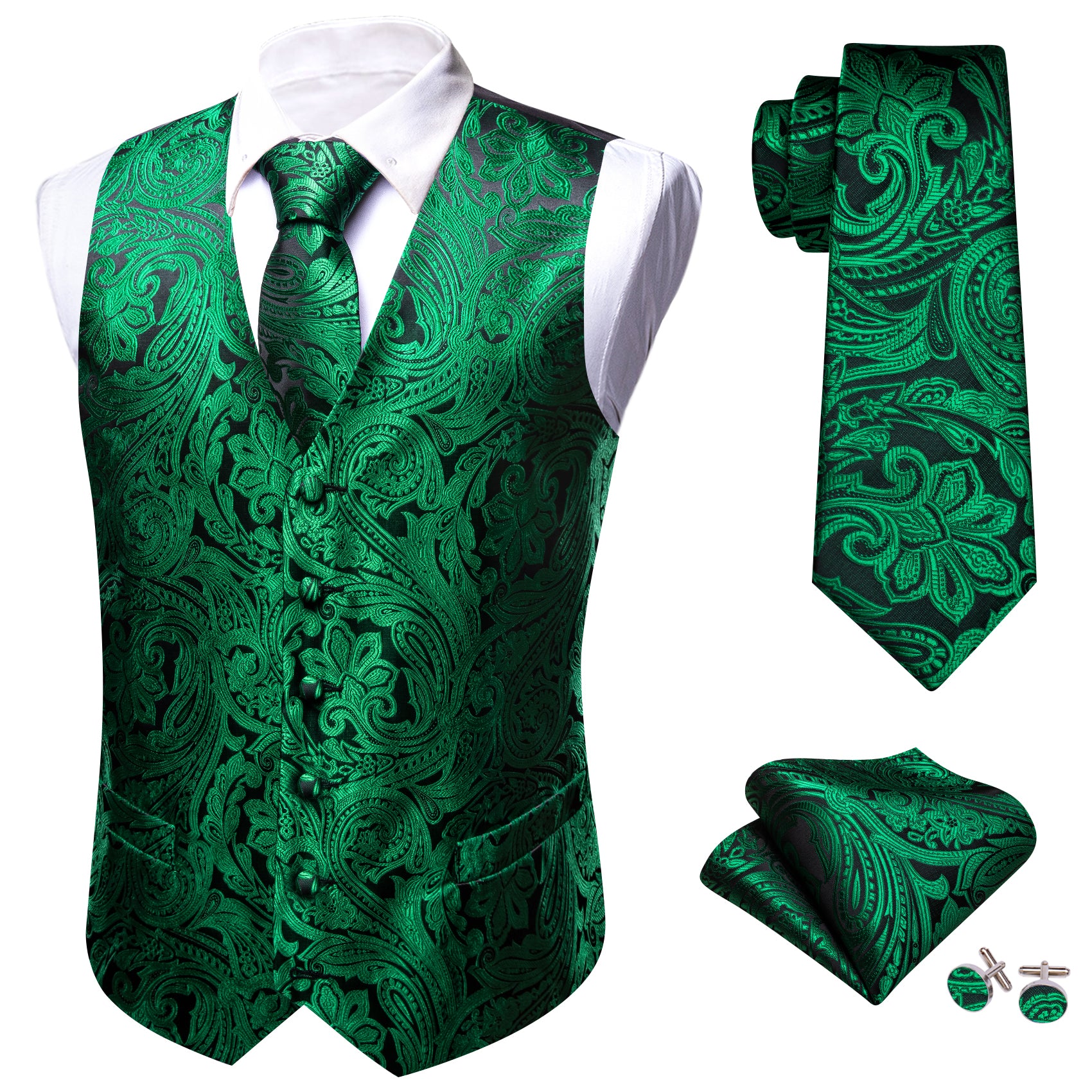 Grass Green Paisley Silk Vest Necktie Pocket Square Cufflinks Set