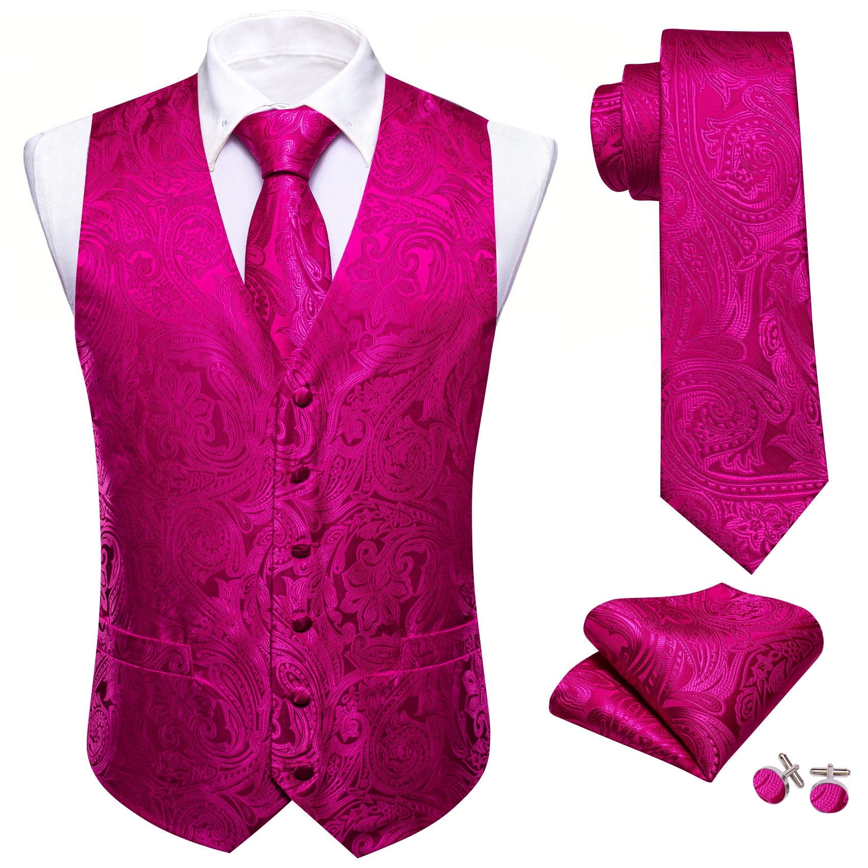 Rose Red Paisley Silk Vest Necktie Pocket Square Cufflinks Set