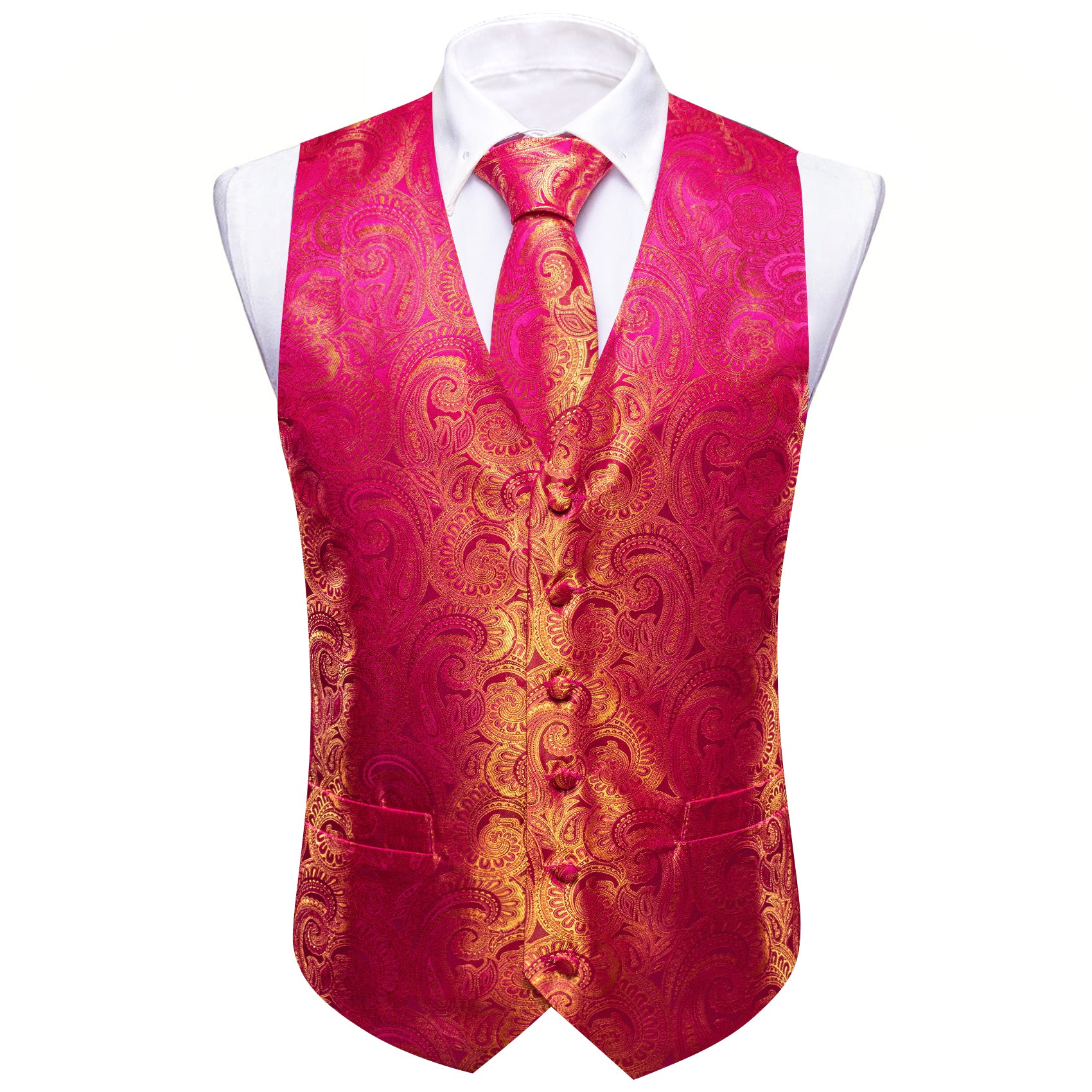 Barry. Wang Paisley Formal Vest Gold Hot Pink Dress Vest Necktie Hanky Cufflinks Set, L Barry. Wang Paisley Formal Vest Gold Hot Pink Dress Vest Necktie Hanky Cufflinks Set, L
