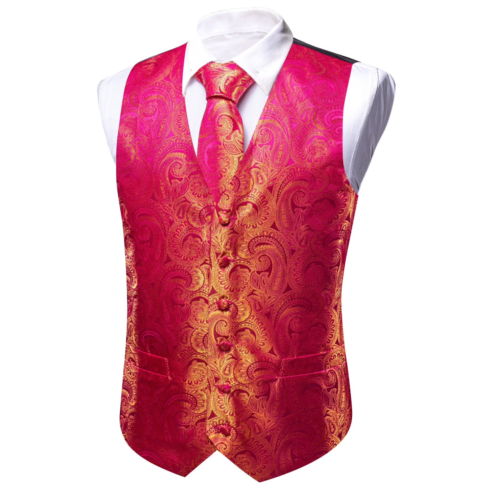 Bright Orange Rose Red Paisley Silk Vest Tie Pocket square Cufflinks Set