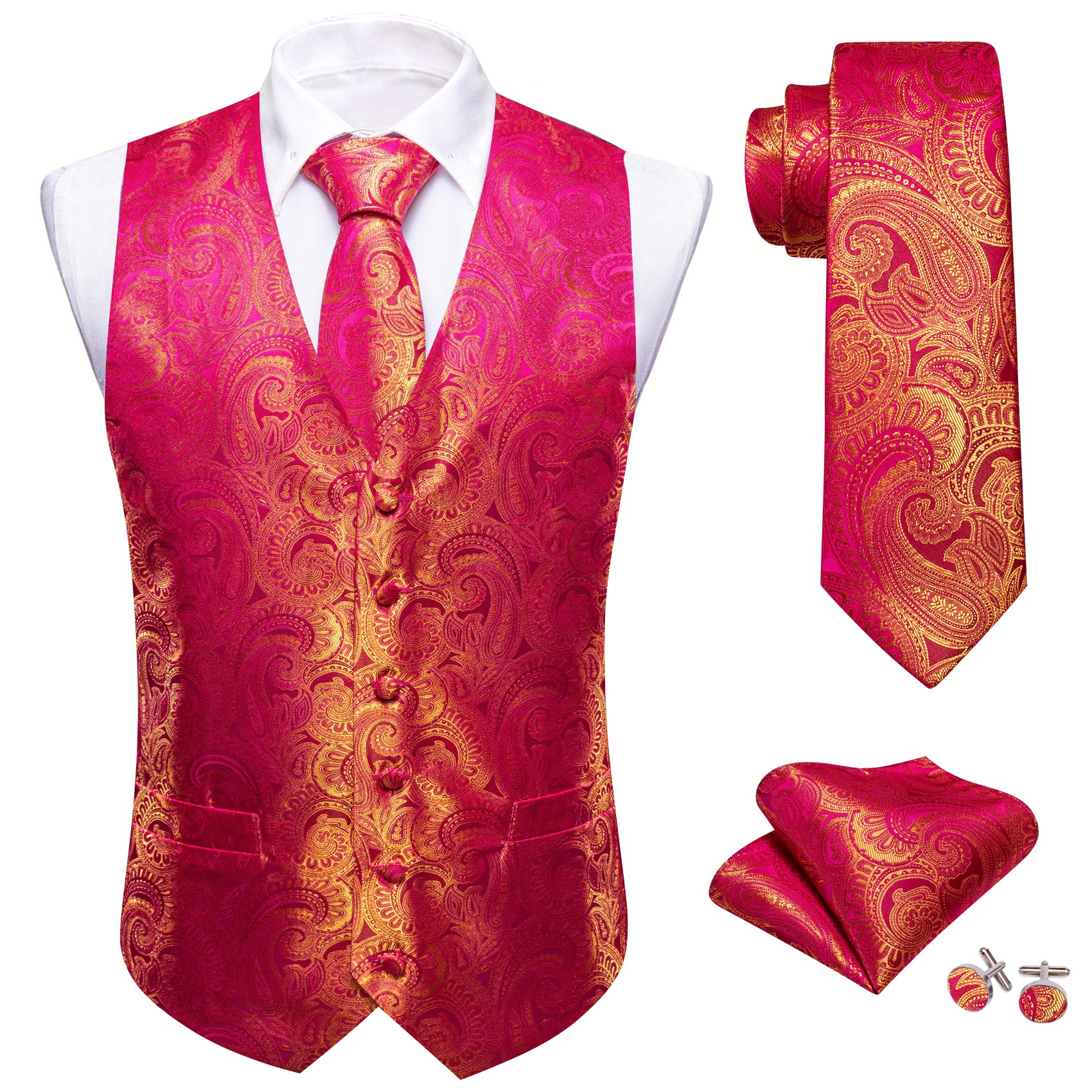 Bright Orange Rose Red Paisley Silk Vest Tie Pocket square Cufflinks Set