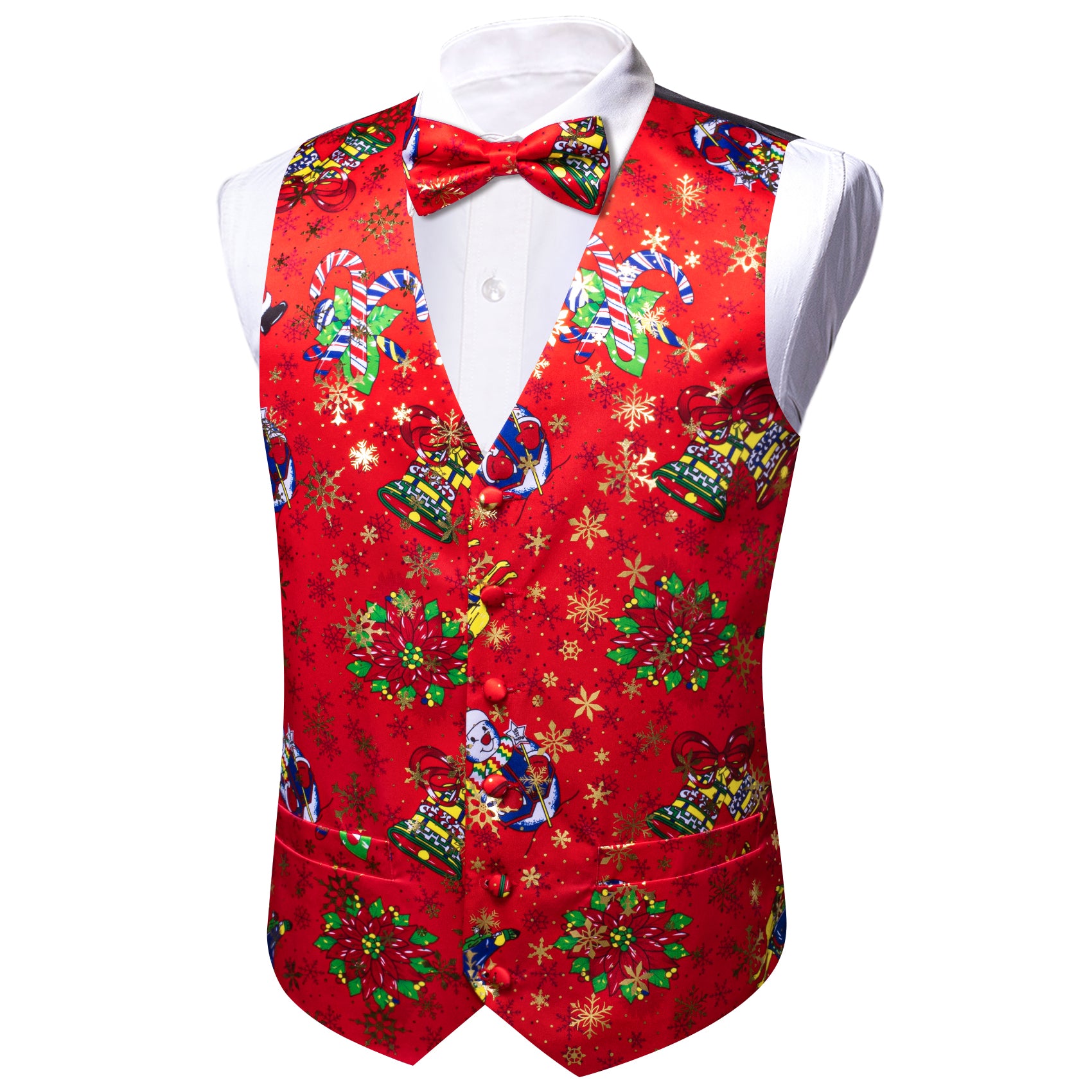 Christmas Red Xmas Pattern Silk Vest Bowtie Set