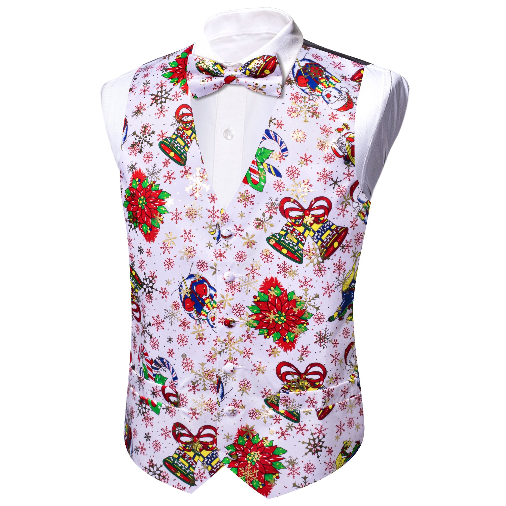 Christmas White Red Xmas Pattern Silk Vest Bowtie Set