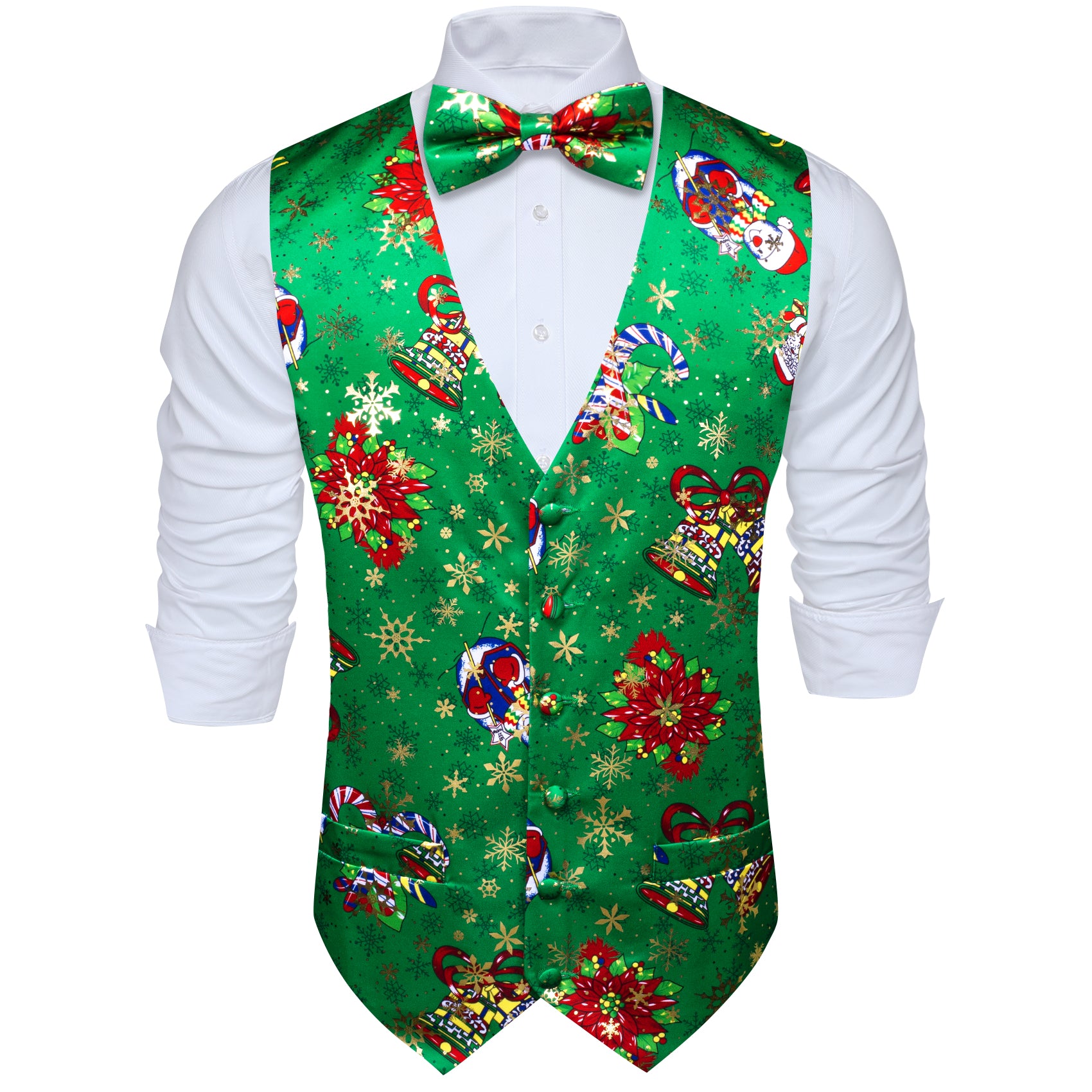 Christmas Green Xmas Pattern Silk Vest Bowtie Set