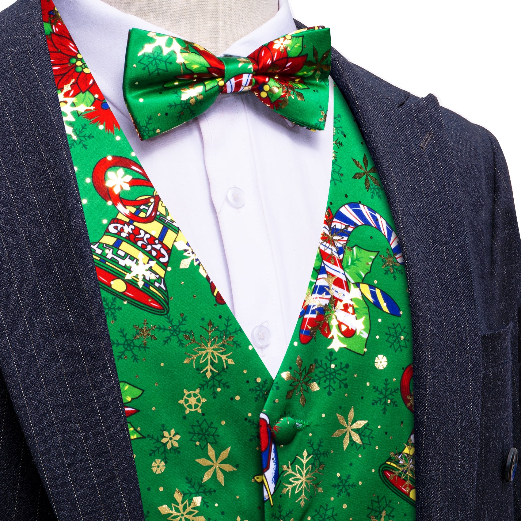 Christmas Green Xmas Pattern Silk Vest Bowtie Set