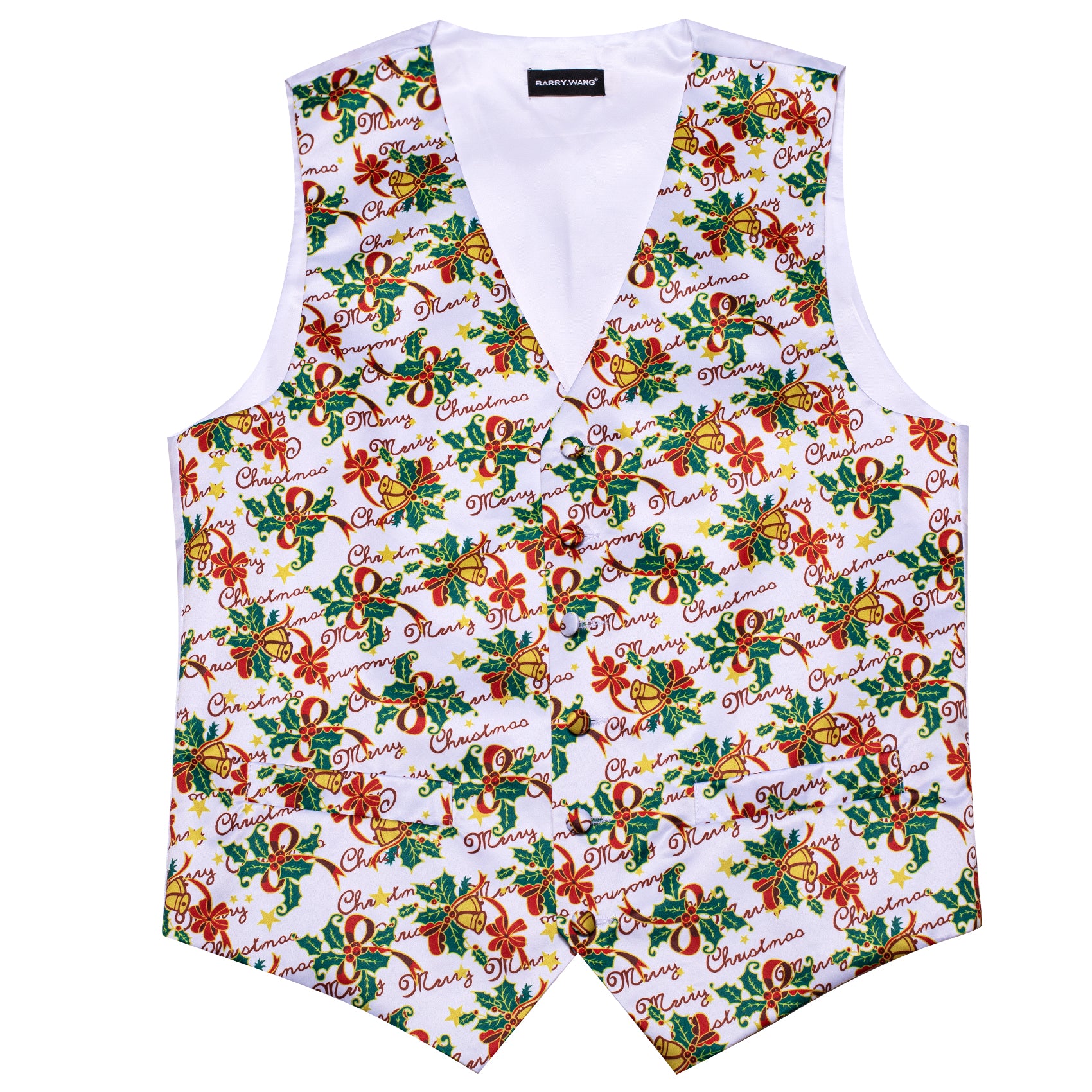 Christmas White Green Xmas Pattern Silk Vest Bowtie Set