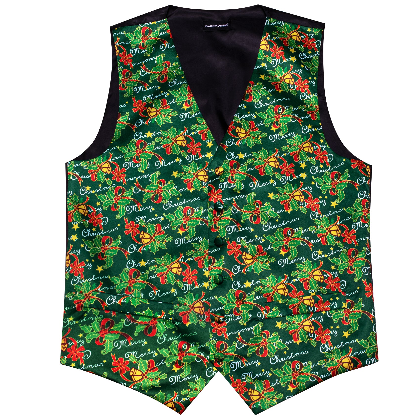 Christmas Green Red Floral Silk Vest Bowtie Set