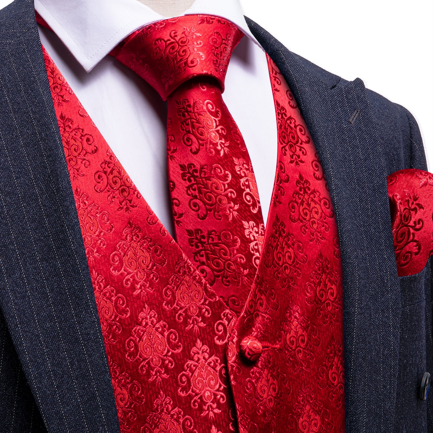 Bright Red Floral Silk Vest Tie Pocket square Cufflinks Set