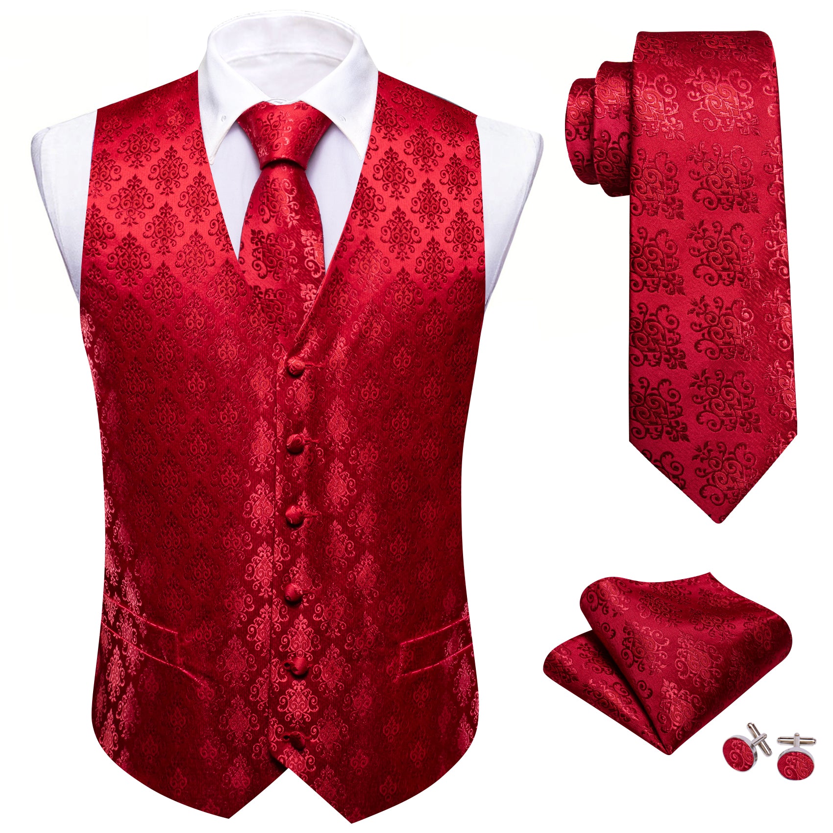 Bright Red Floral Silk Vest Tie Pocket square Cufflinks Set