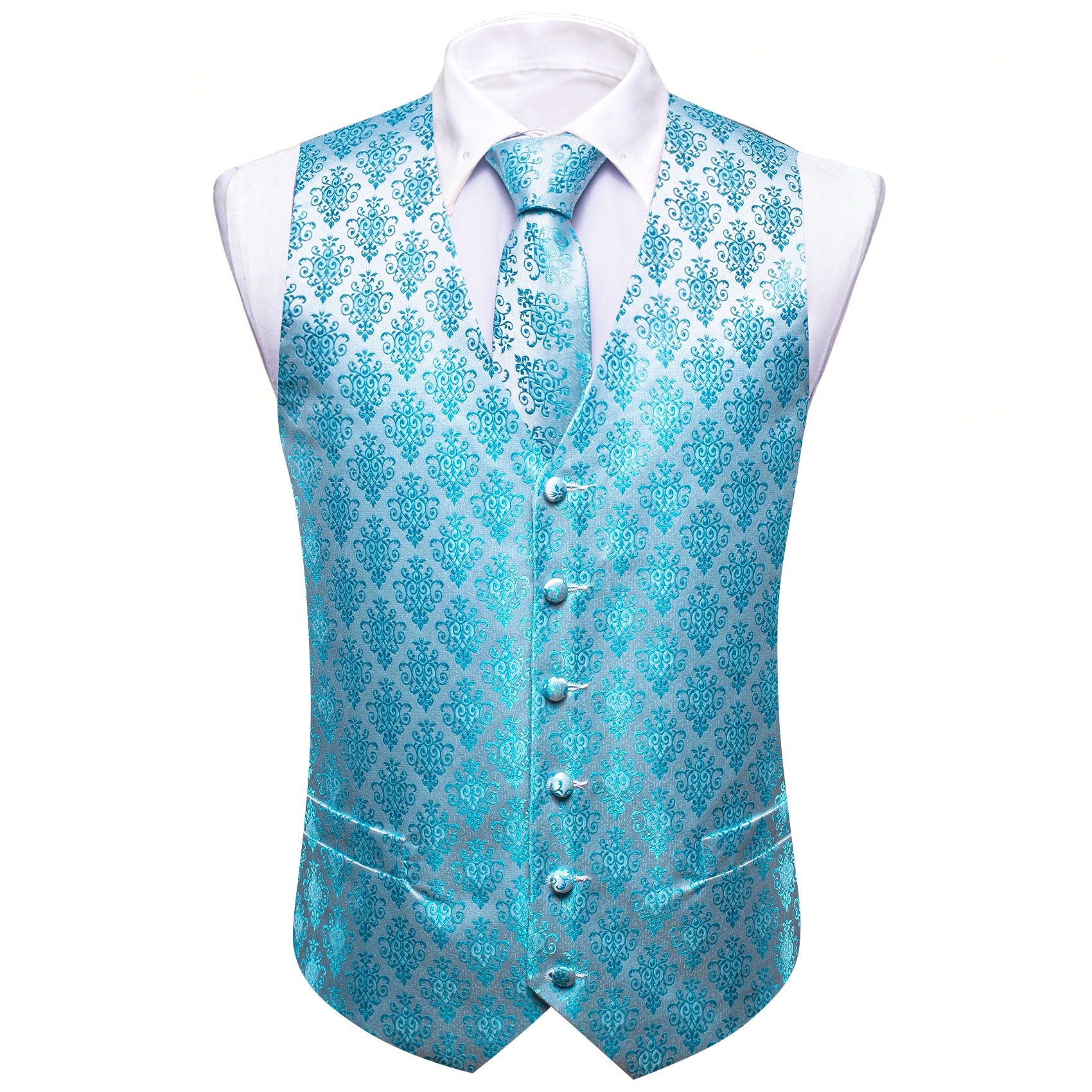 Pale Blue Floral Silk Vest Tie Pocket square Cufflinks Set