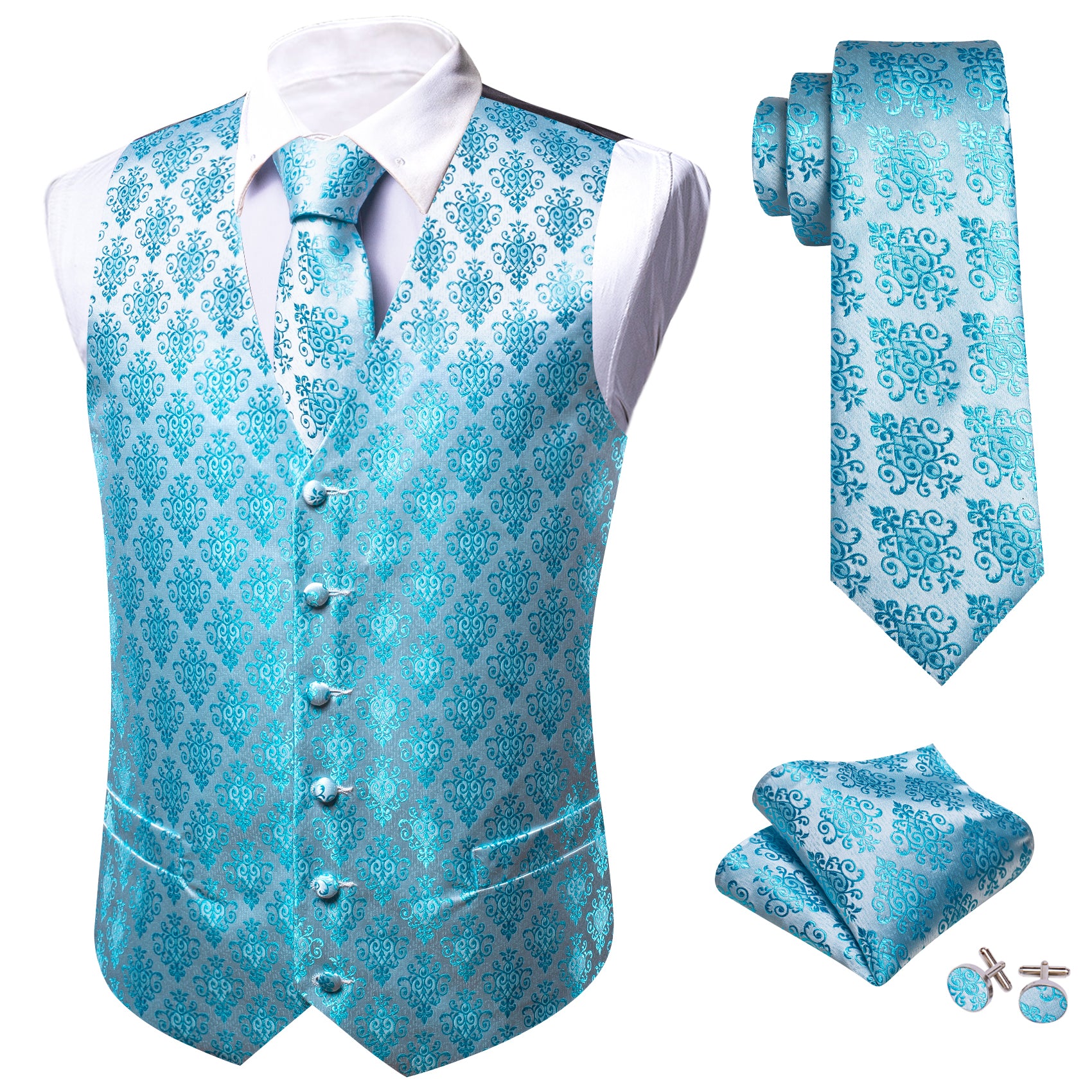 Pale Blue Floral Silk Vest Tie Pocket square Cufflinks Set