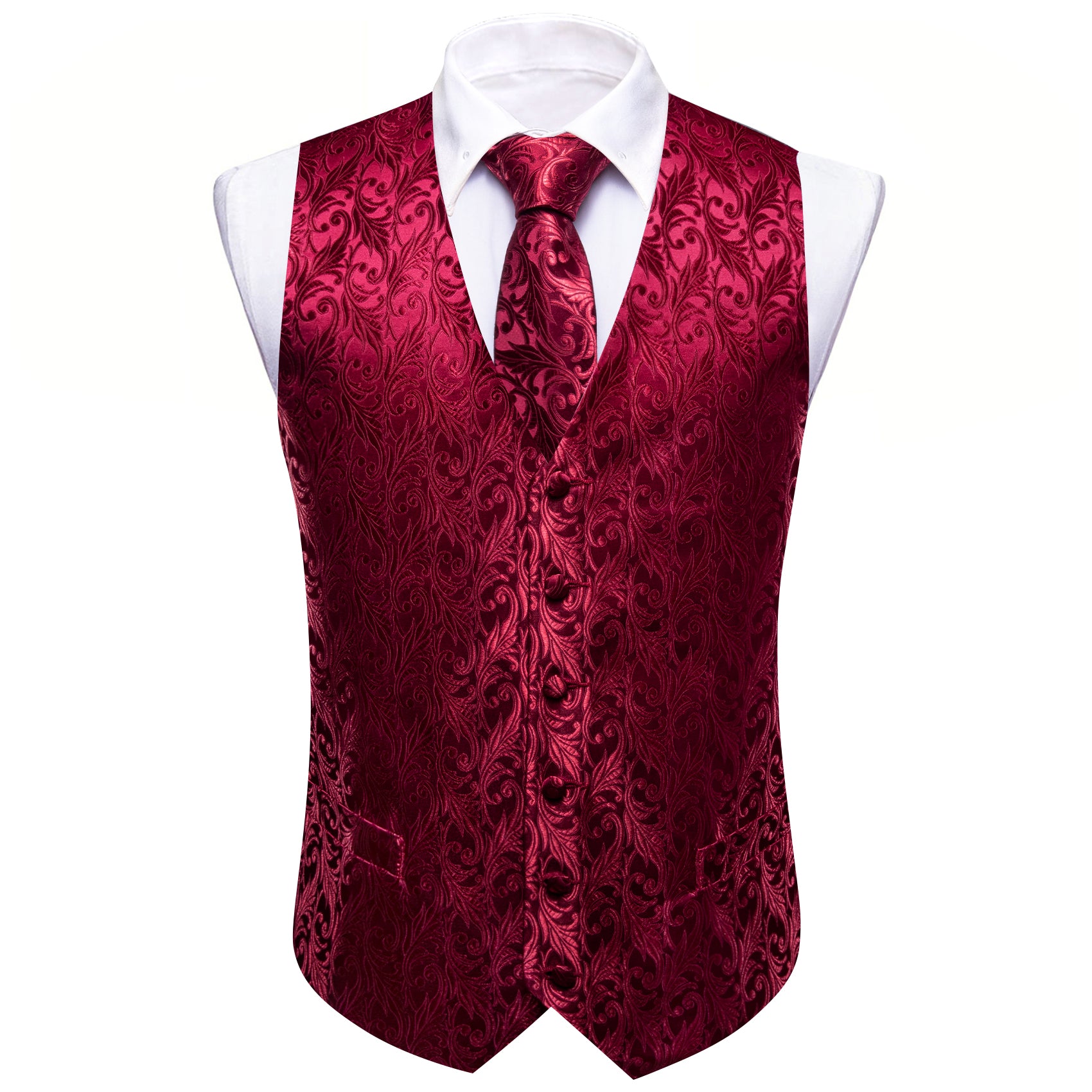 Dark Red Floral Silk Vest Tie Pocket square Cufflinks Set