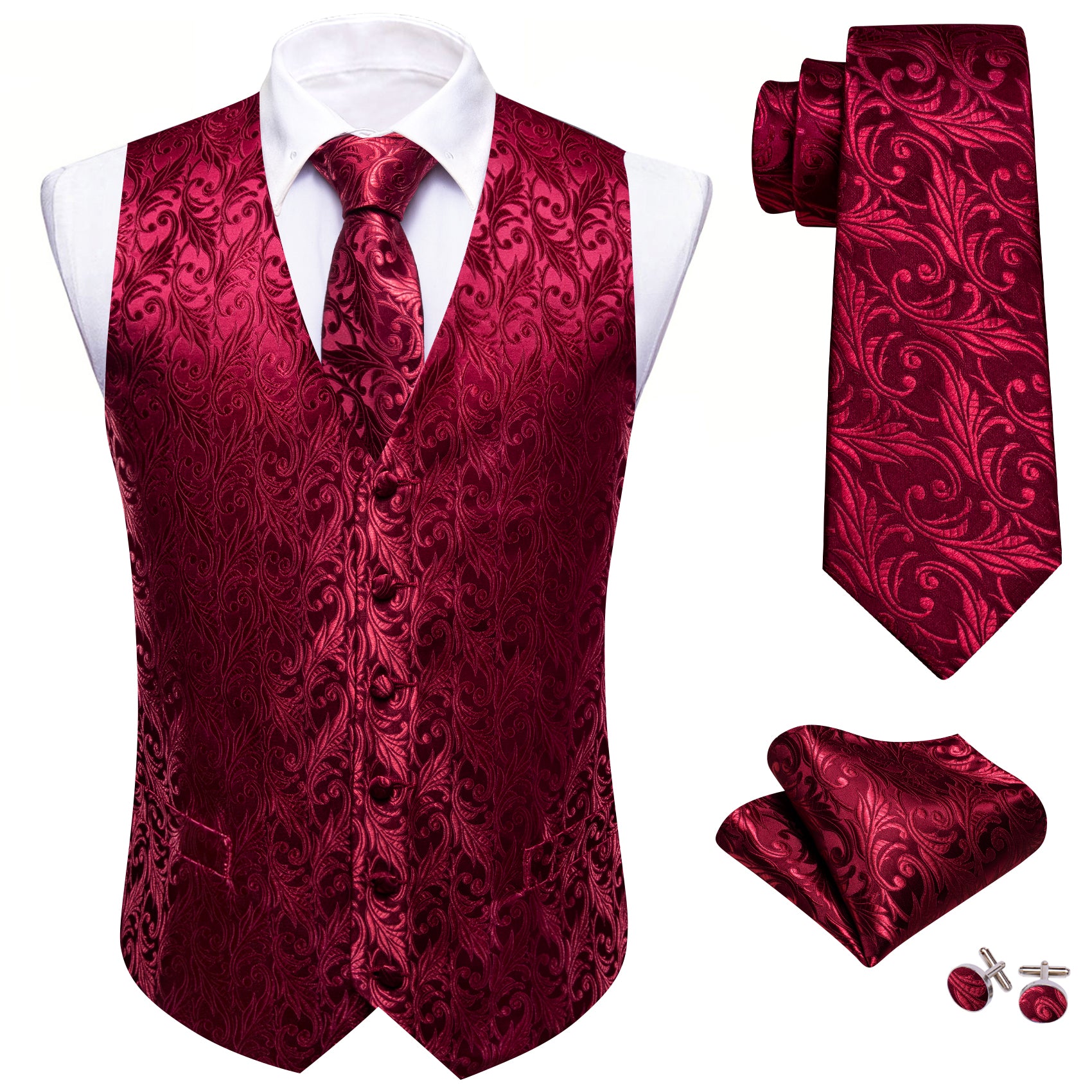 Dark Red Floral Silk Vest Tie Pocket square Cufflinks Set