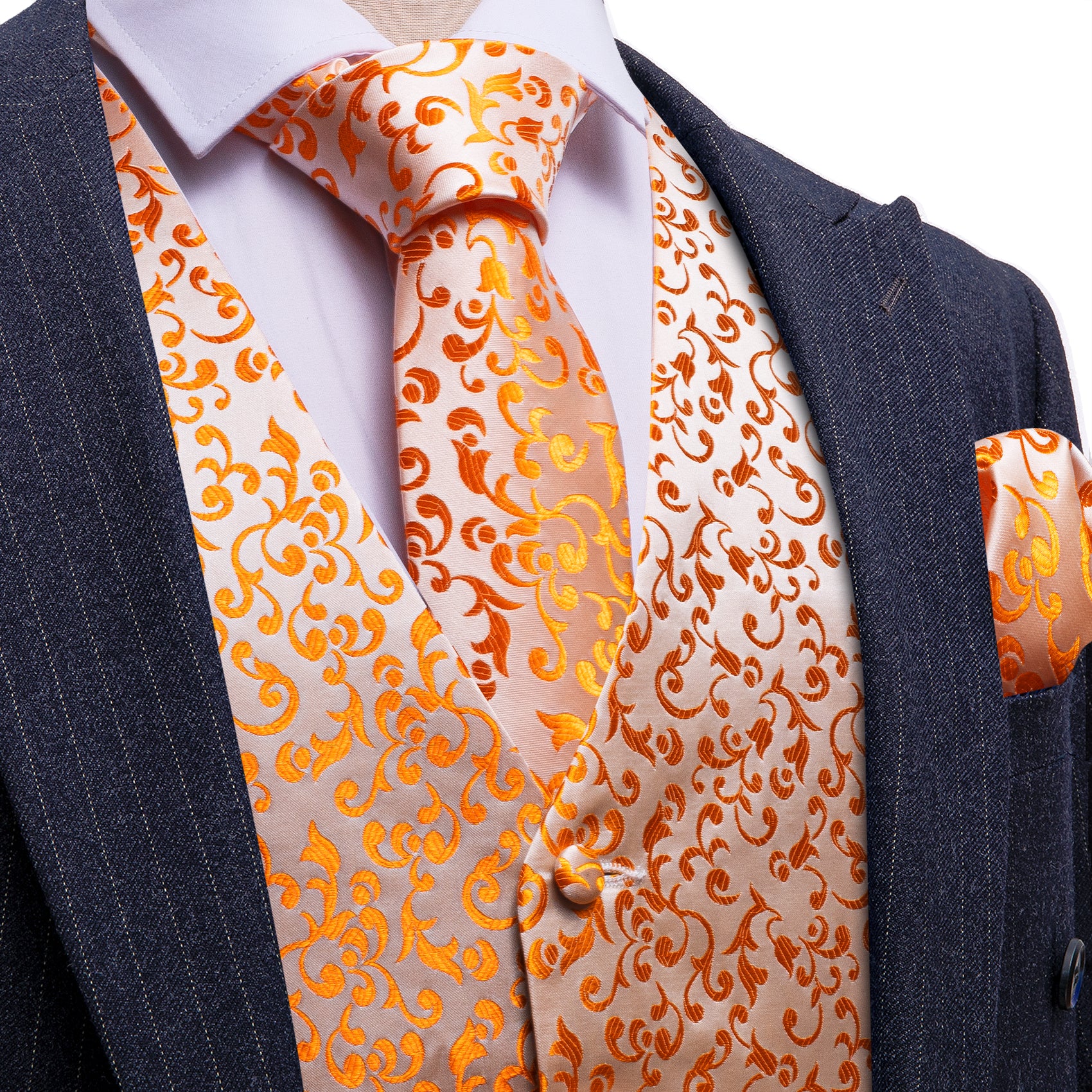 Orange Floral Silk Vest Tie Pocket square Cufflinks Set