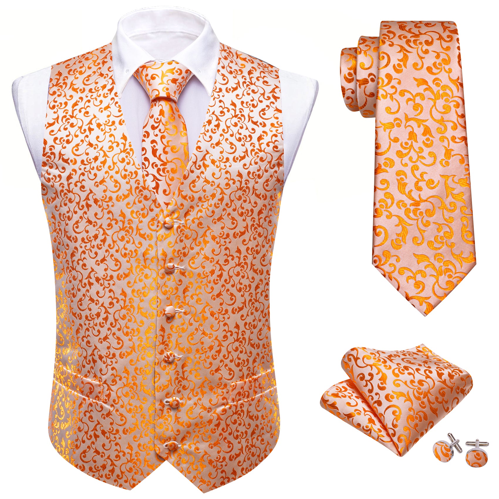 Orange Floral Silk Vest Tie Pocket square Cufflinks Set