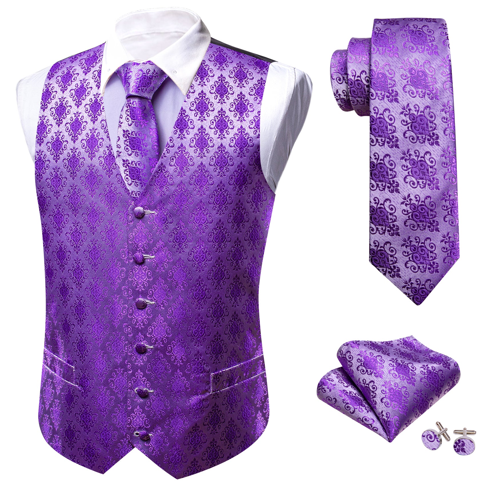 Hyacinth Floral Silk Vest Tie Pocket square Cufflinks Set