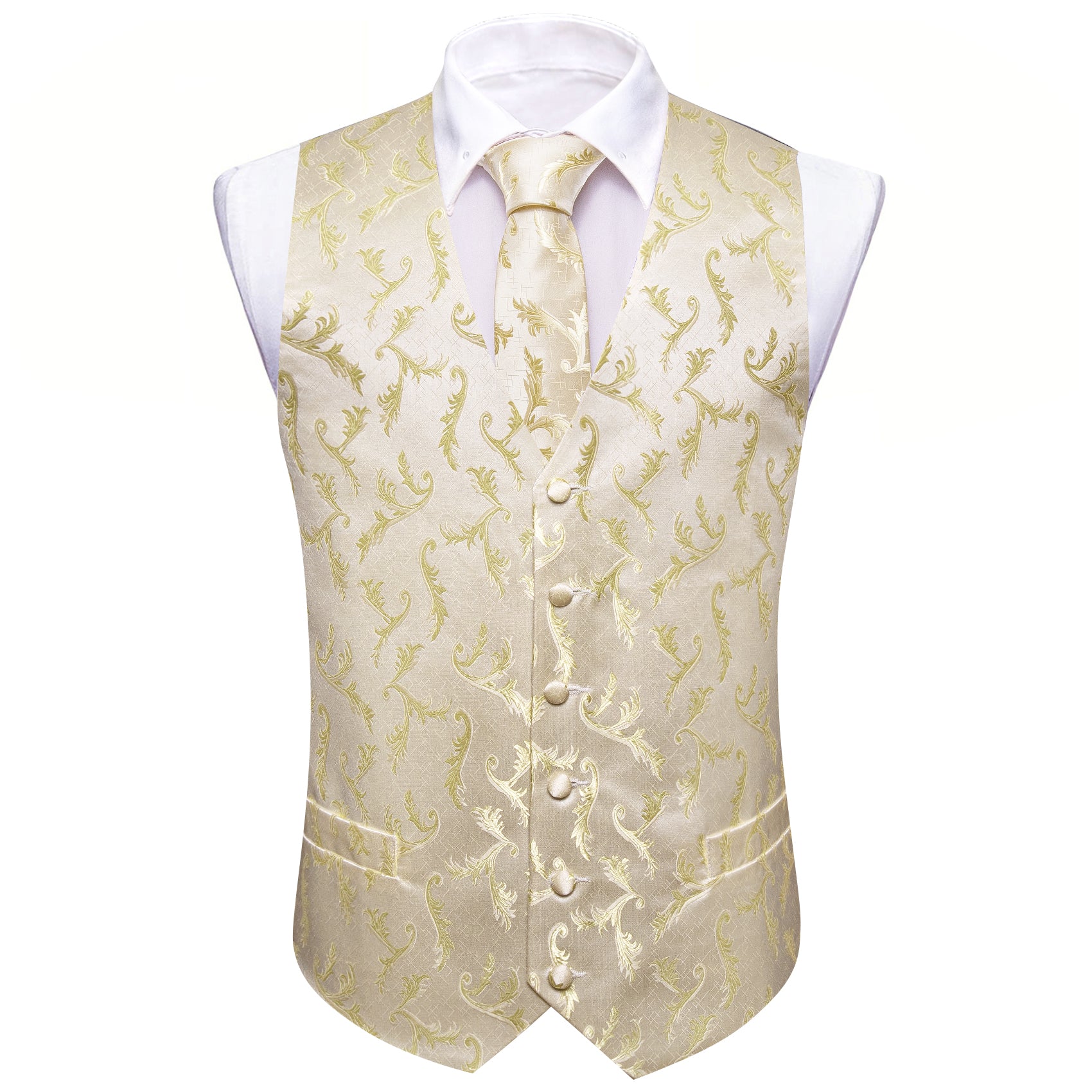 Vanilla Floral Silk Vest Tie Pocket square Cufflinks Set