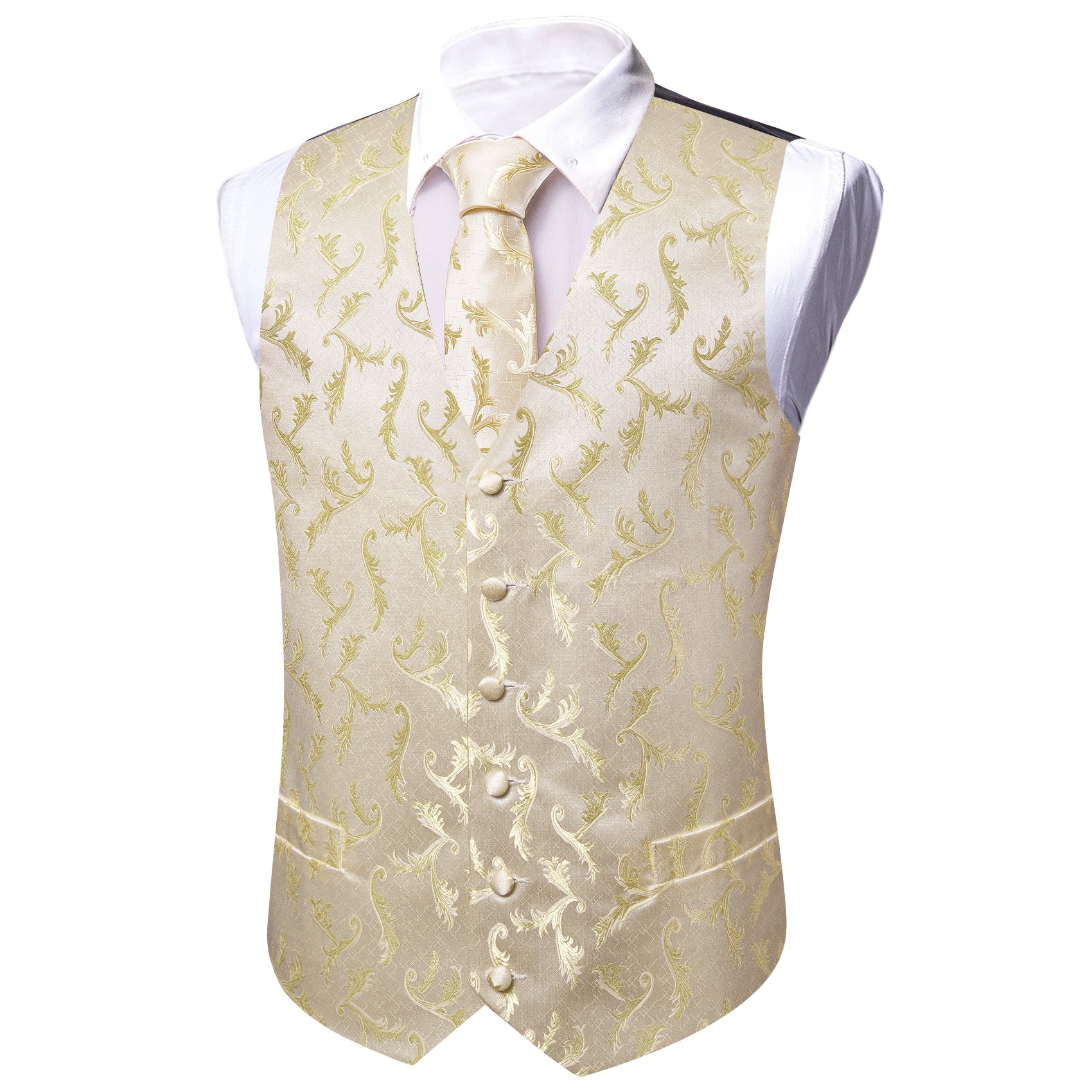 Vanilla Floral Silk Vest Tie Pocket square Cufflinks Set