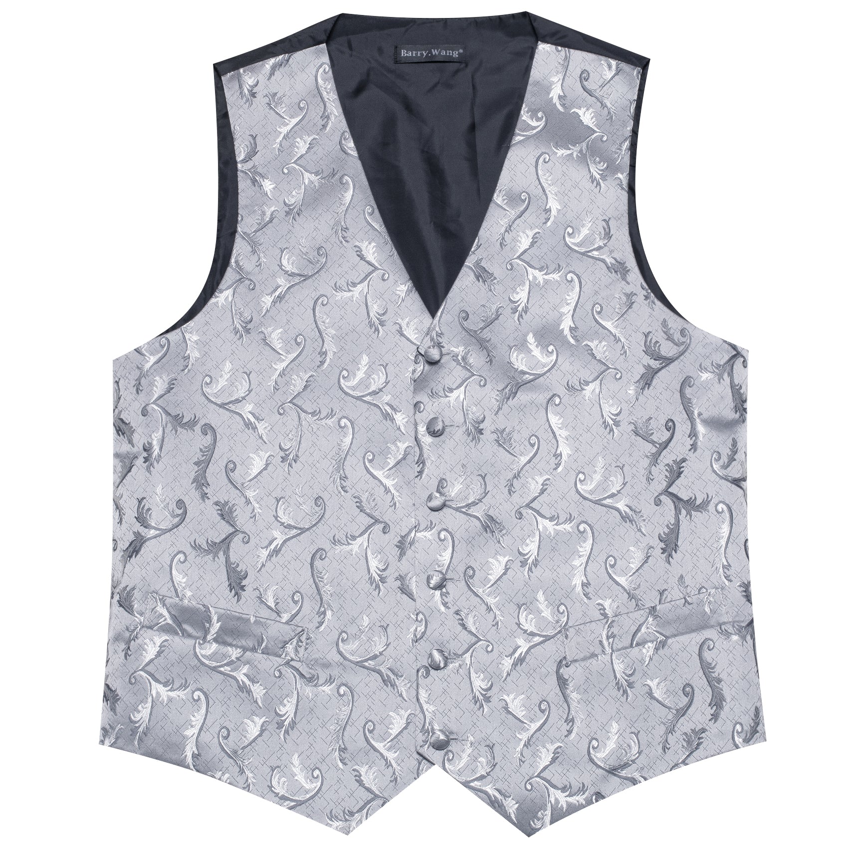 Grey Floral Silk Vest Tie Pocket square Cufflinks Set