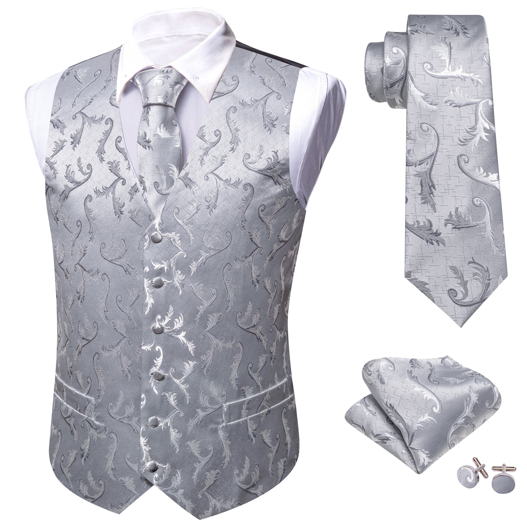 Grey Floral Silk Vest Tie Pocket square Cufflinks Set