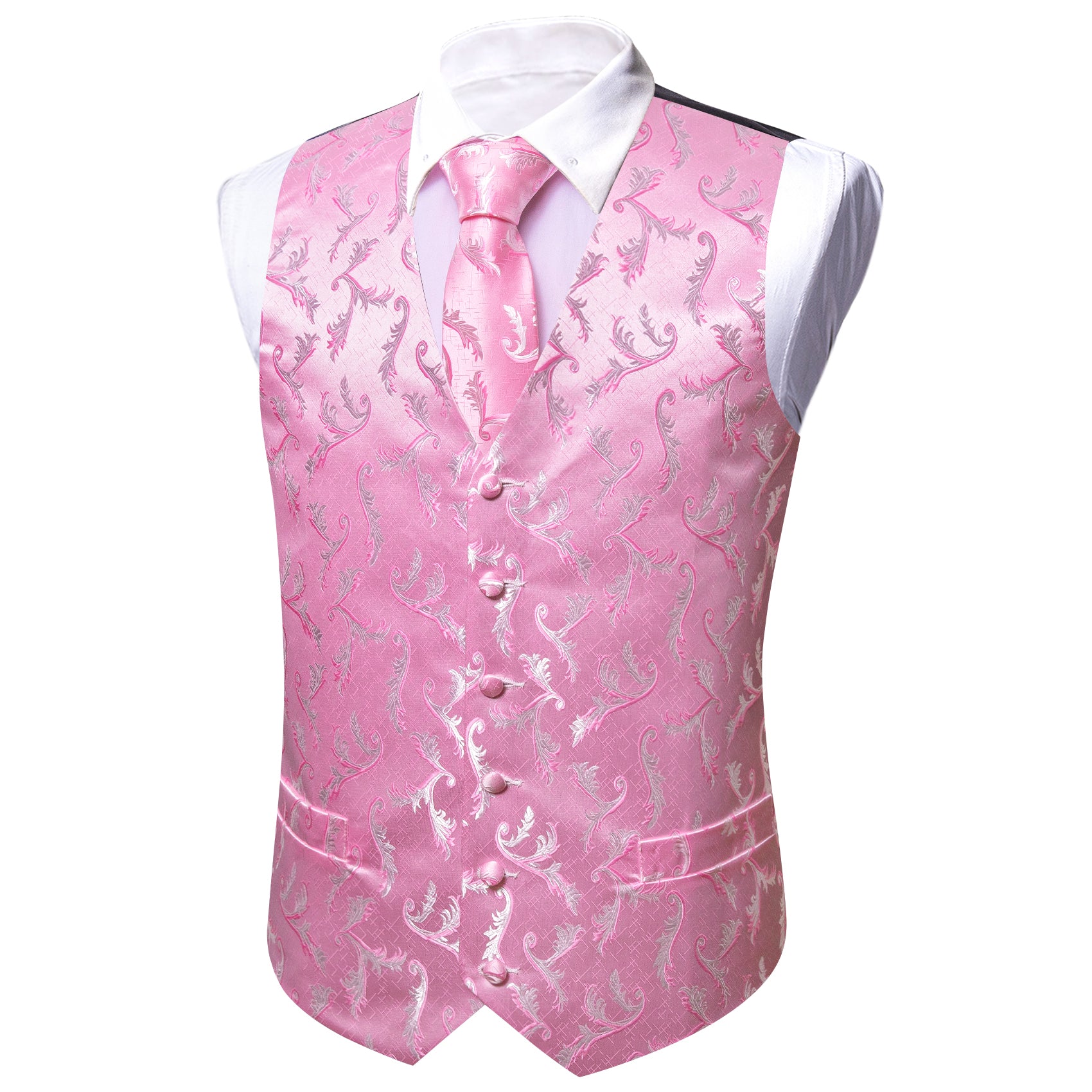 Pink Floral Silk Vest Tie Pocket square Cufflinks Set