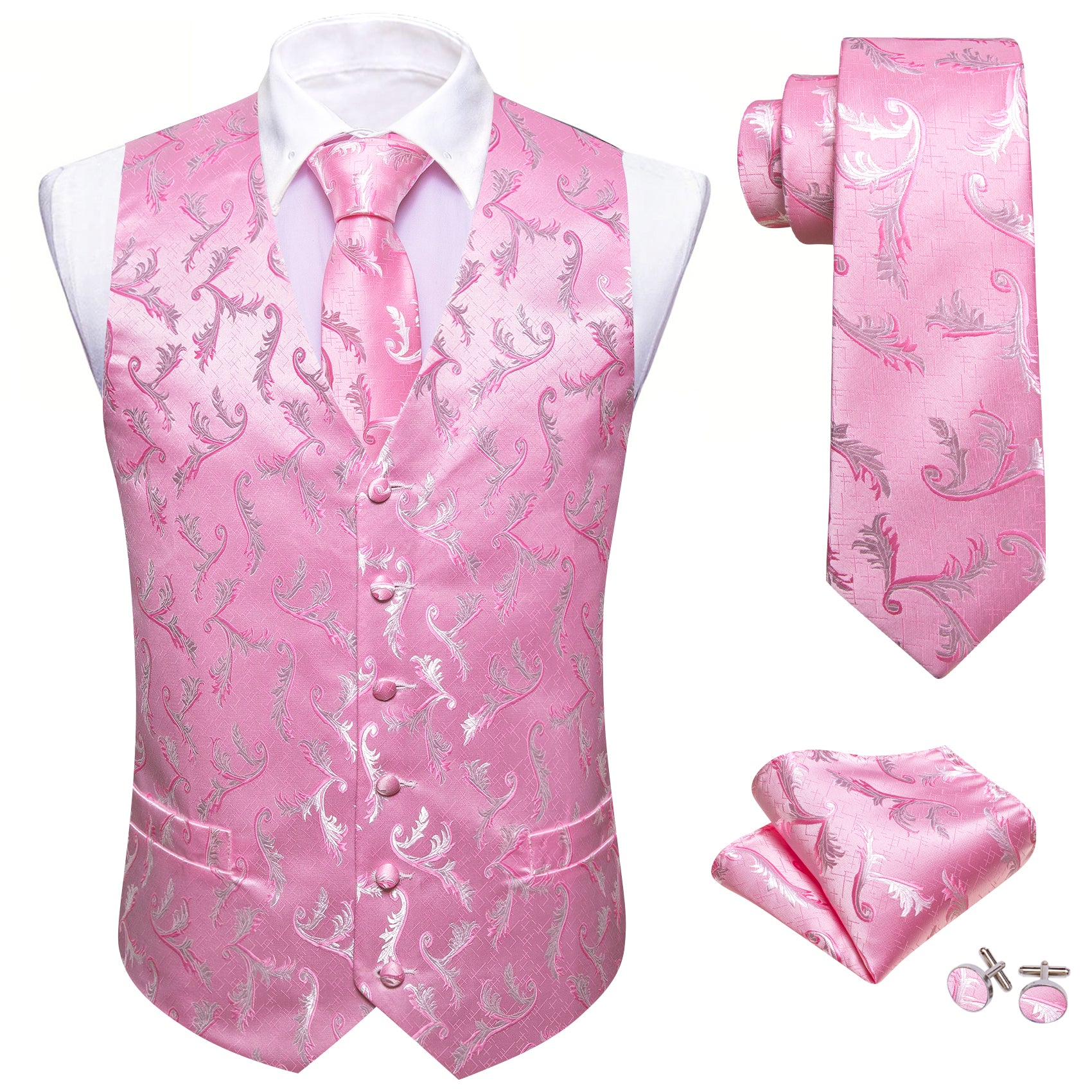Pink Floral Silk Vest Tie Pocket square Cufflinks Set
