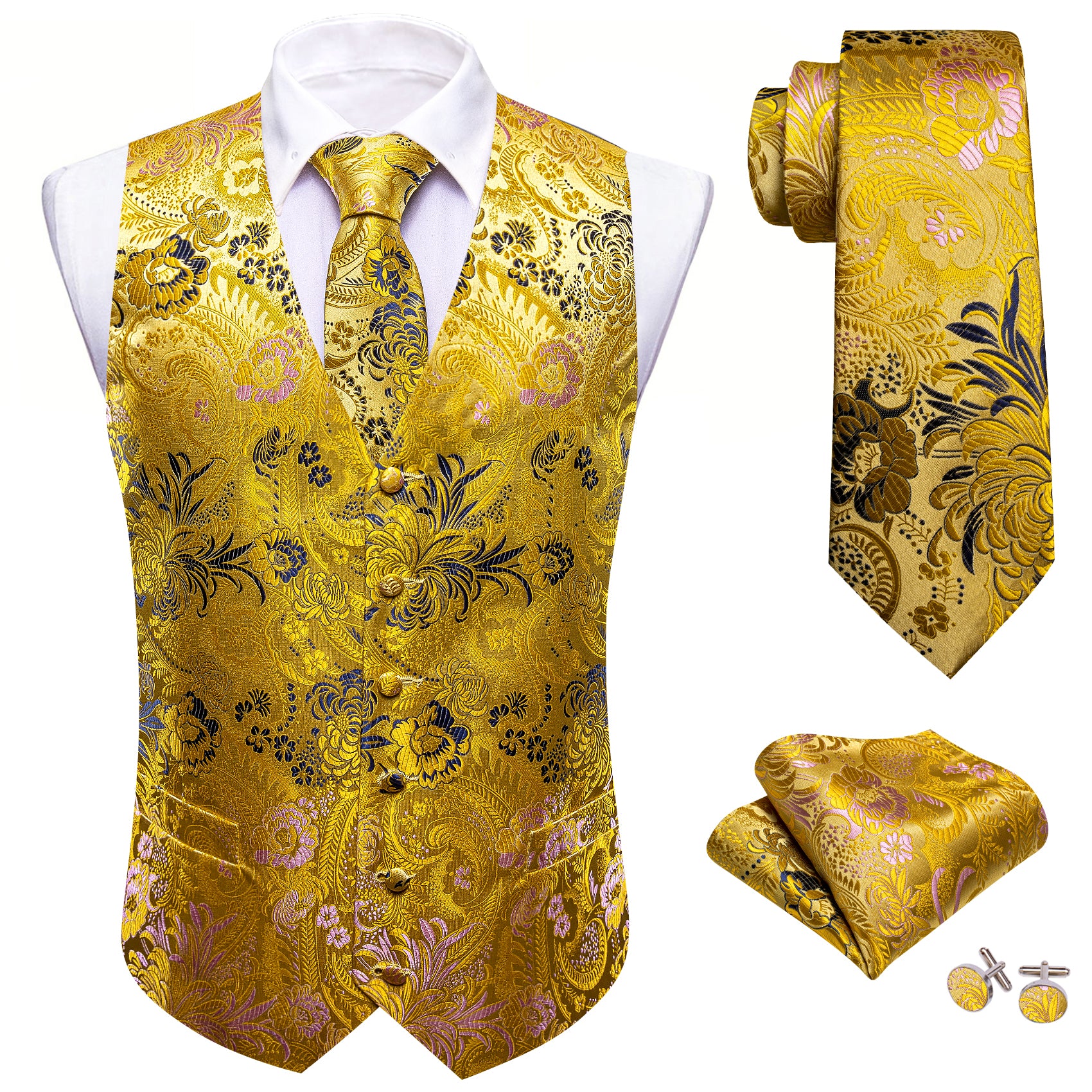 Gold Blue Paisley Silk Vest Tie Pocket square Cufflinks Set