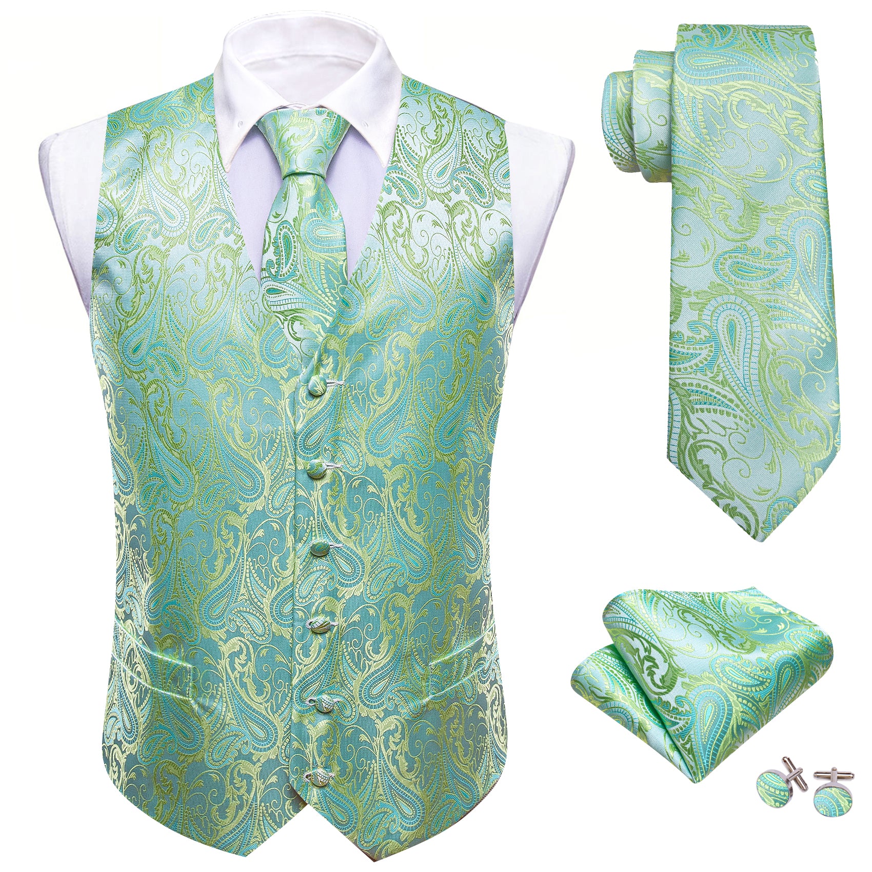 Blue Green Paisley Silk Vest Tie Pocket square Cufflinks Set