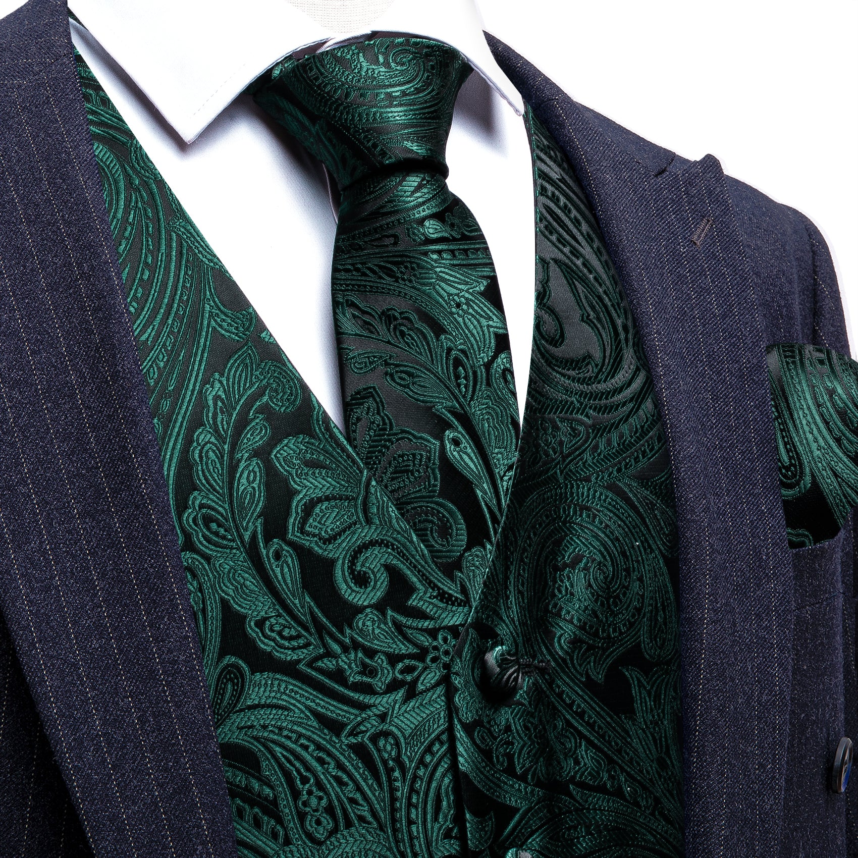 Green Paisley Silk Vest Tie Pocket square Cufflinks Set