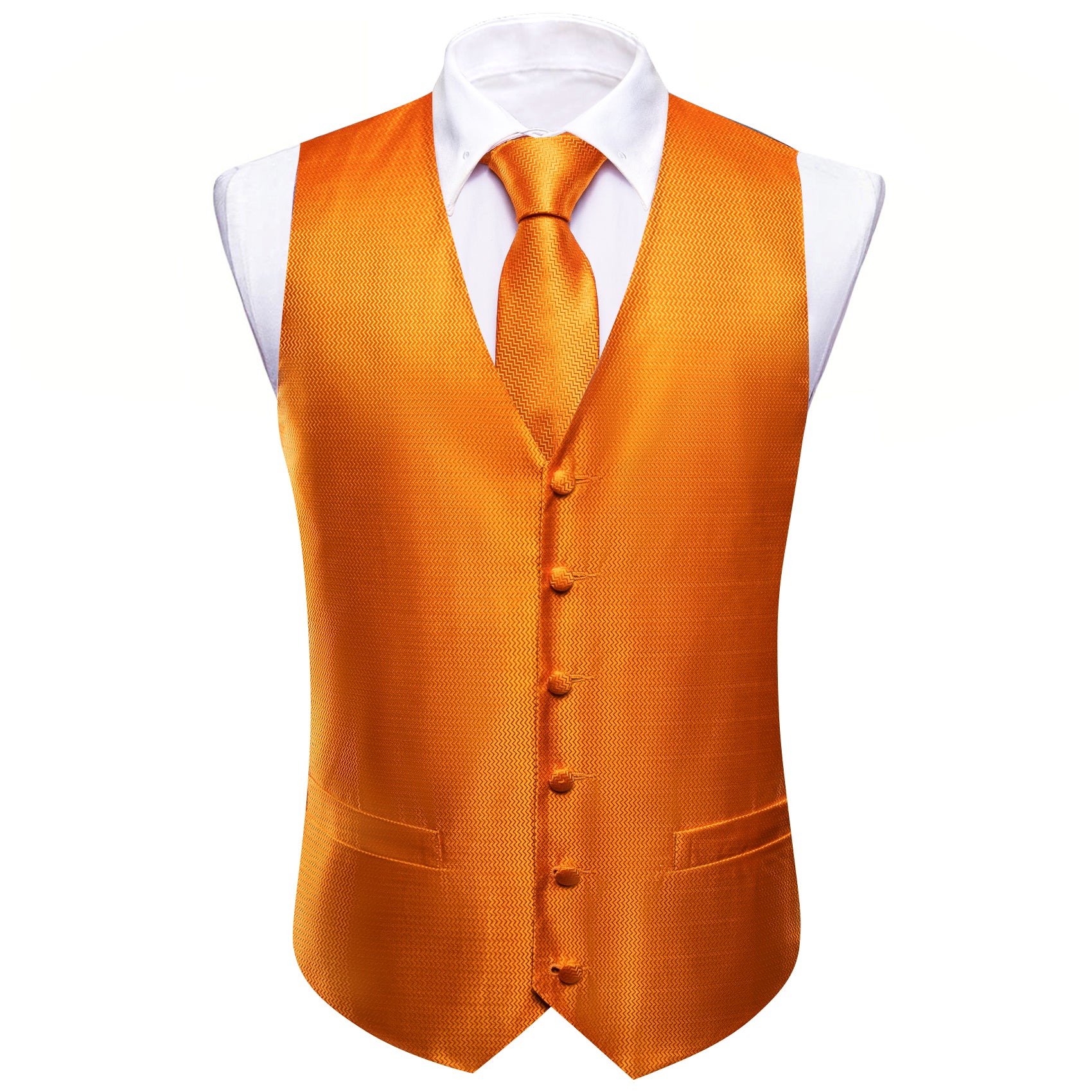 Orange Solid Silk Vest Tie Pocket square Cufflinks Set
