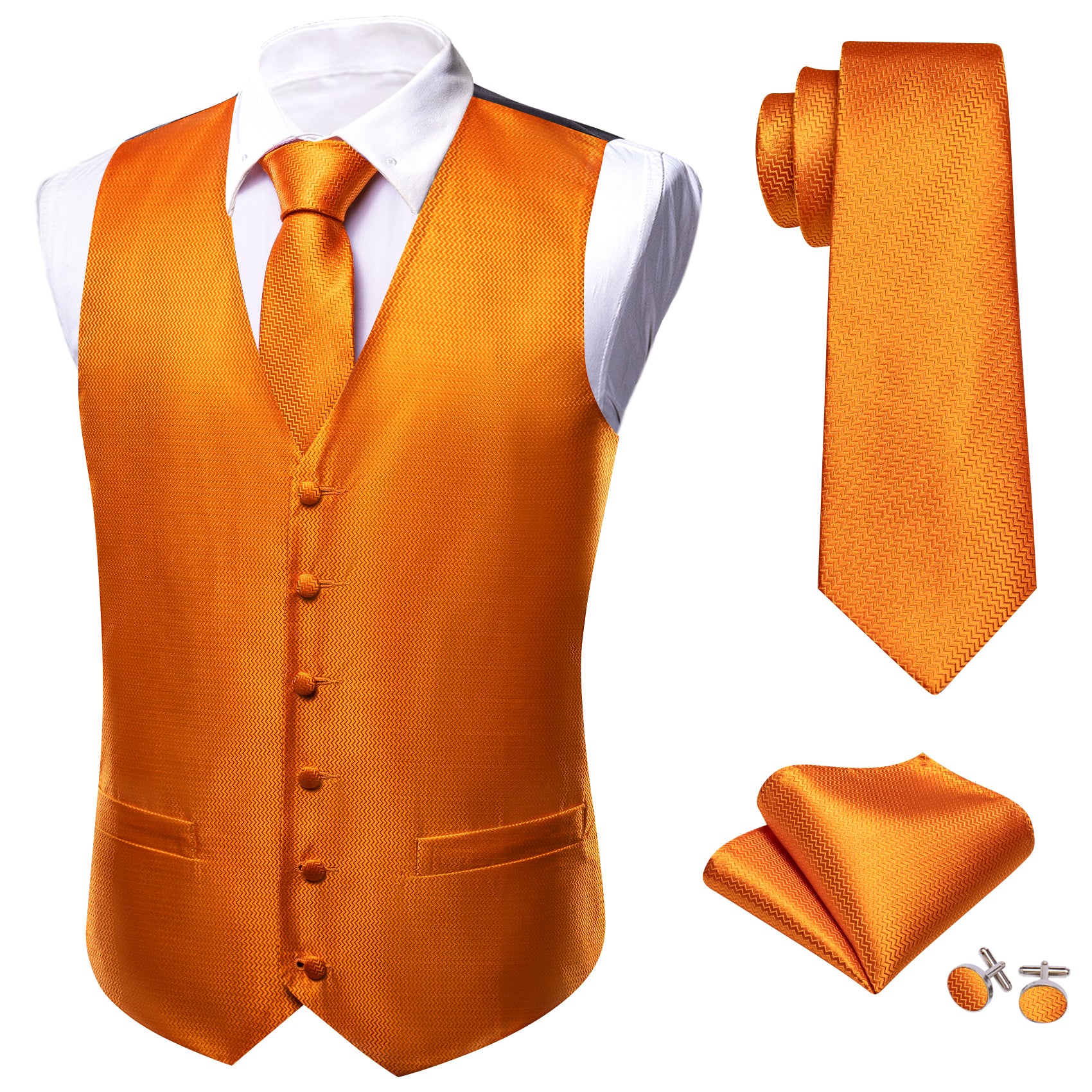 Orange Solid Silk Vest Tie Pocket square Cufflinks Set