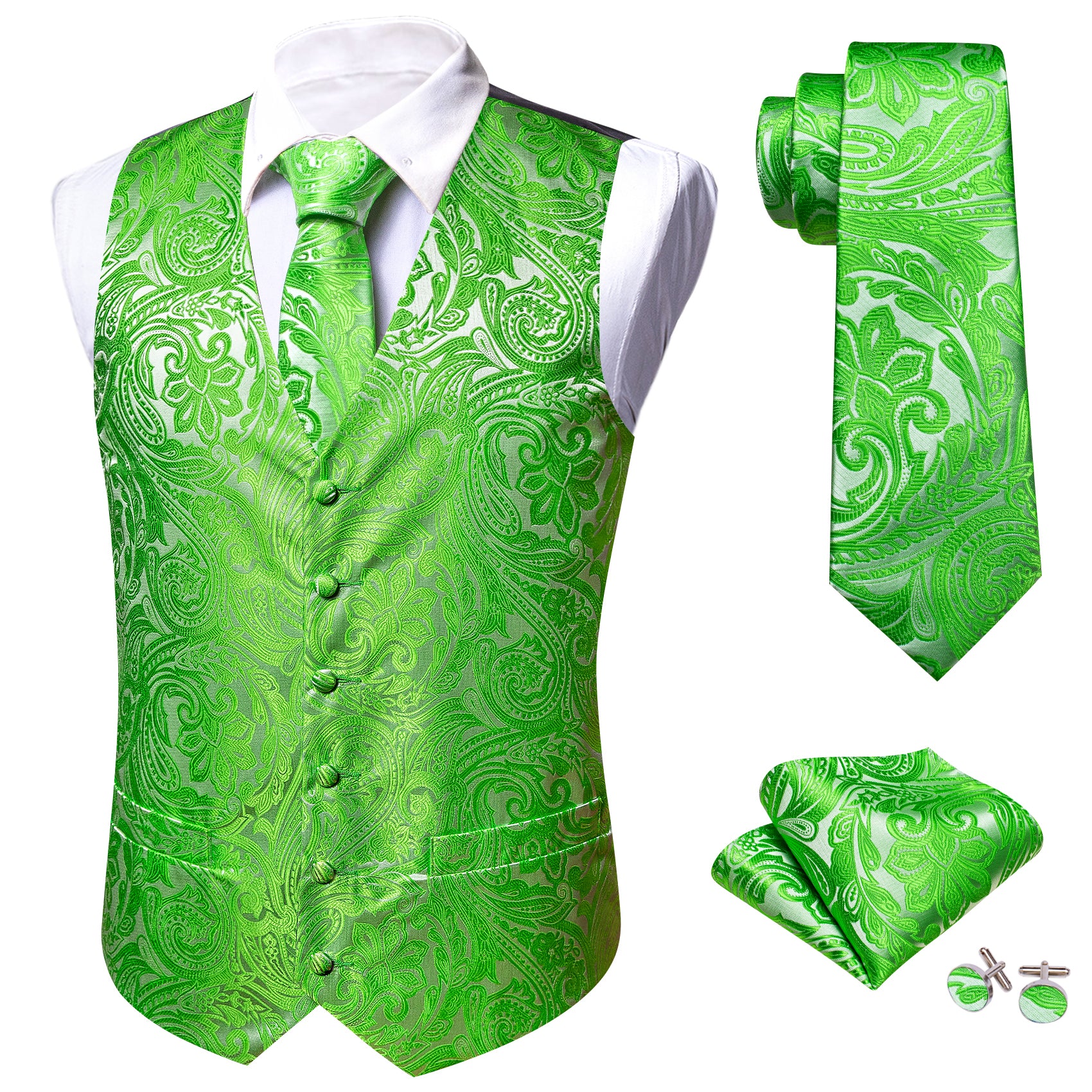 Green Paisley Silk Vest Tie Pocket square Cufflinks Set