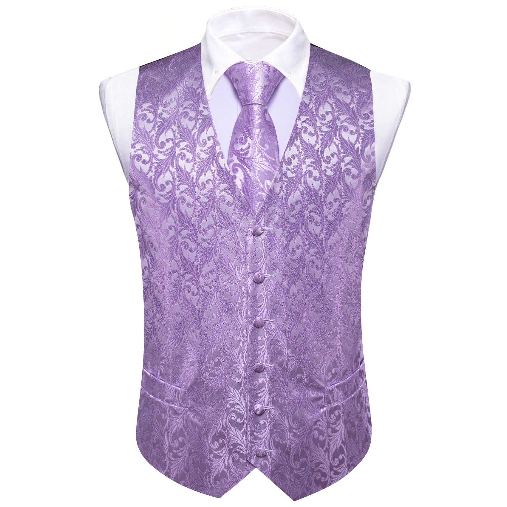 Purple Floral Silk Vest Necktie Pocket Square Cufflinks Set