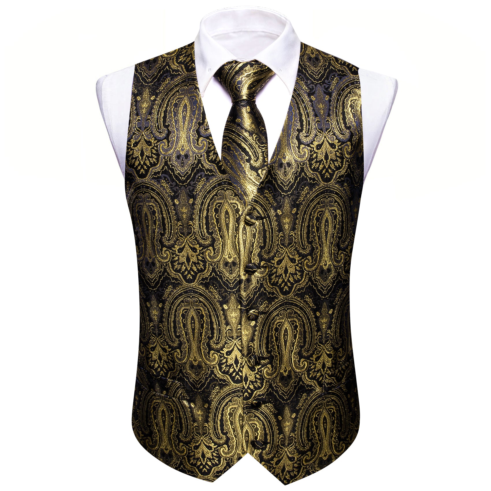 Black Gold Paisley Silk Vest Necktie Pocket Square Cufflinks Set
