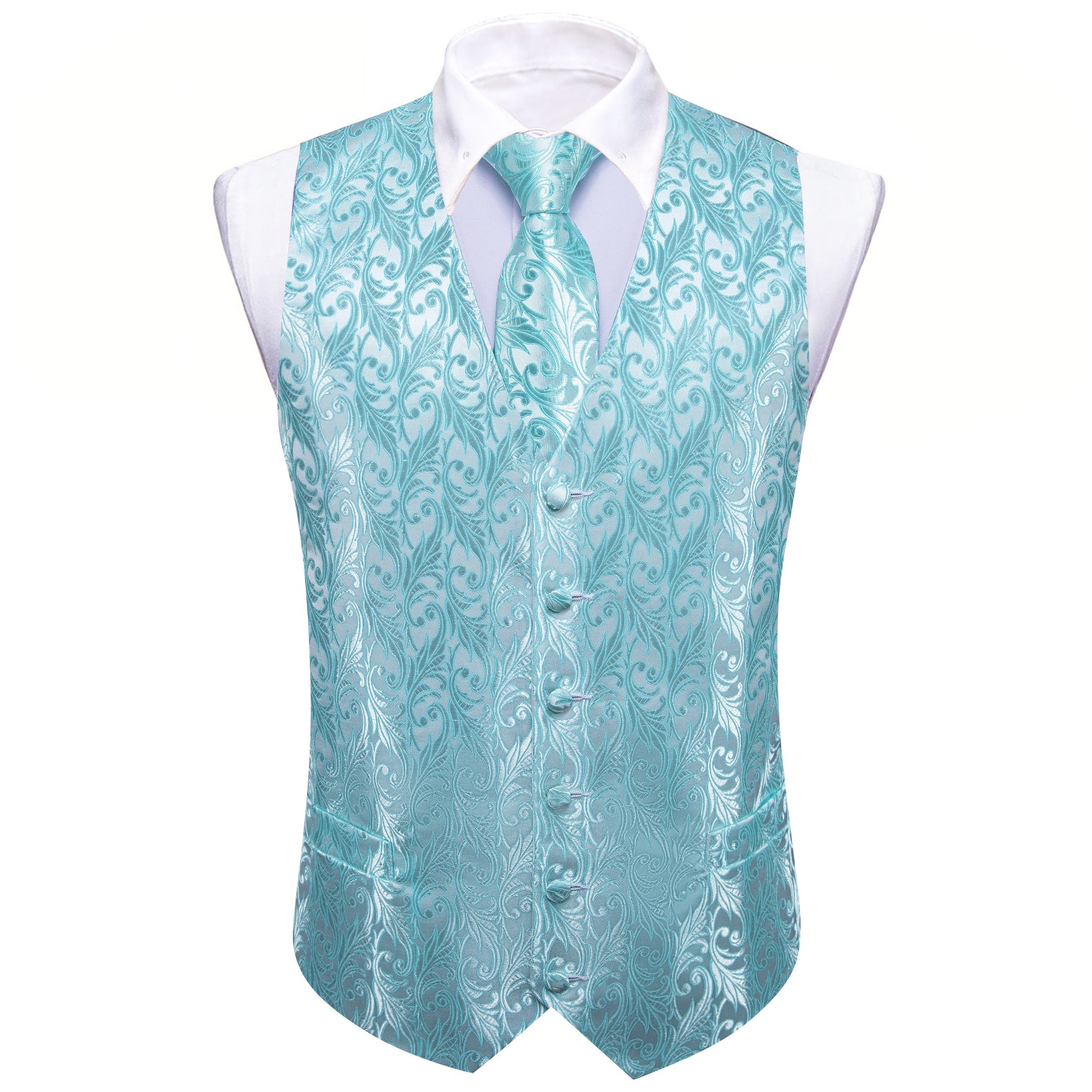Barry.wang Men's Vest Aqua Floral Silk Vest Tie Hanky Cufflinks Set New Fashion