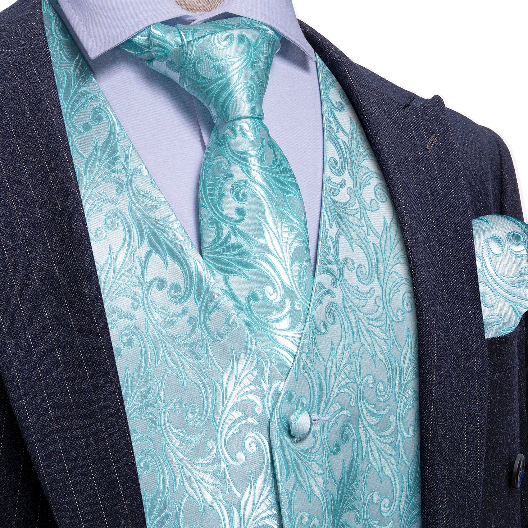 Aqua Floral Silk Vest Tie Hanky Cufflinks Set