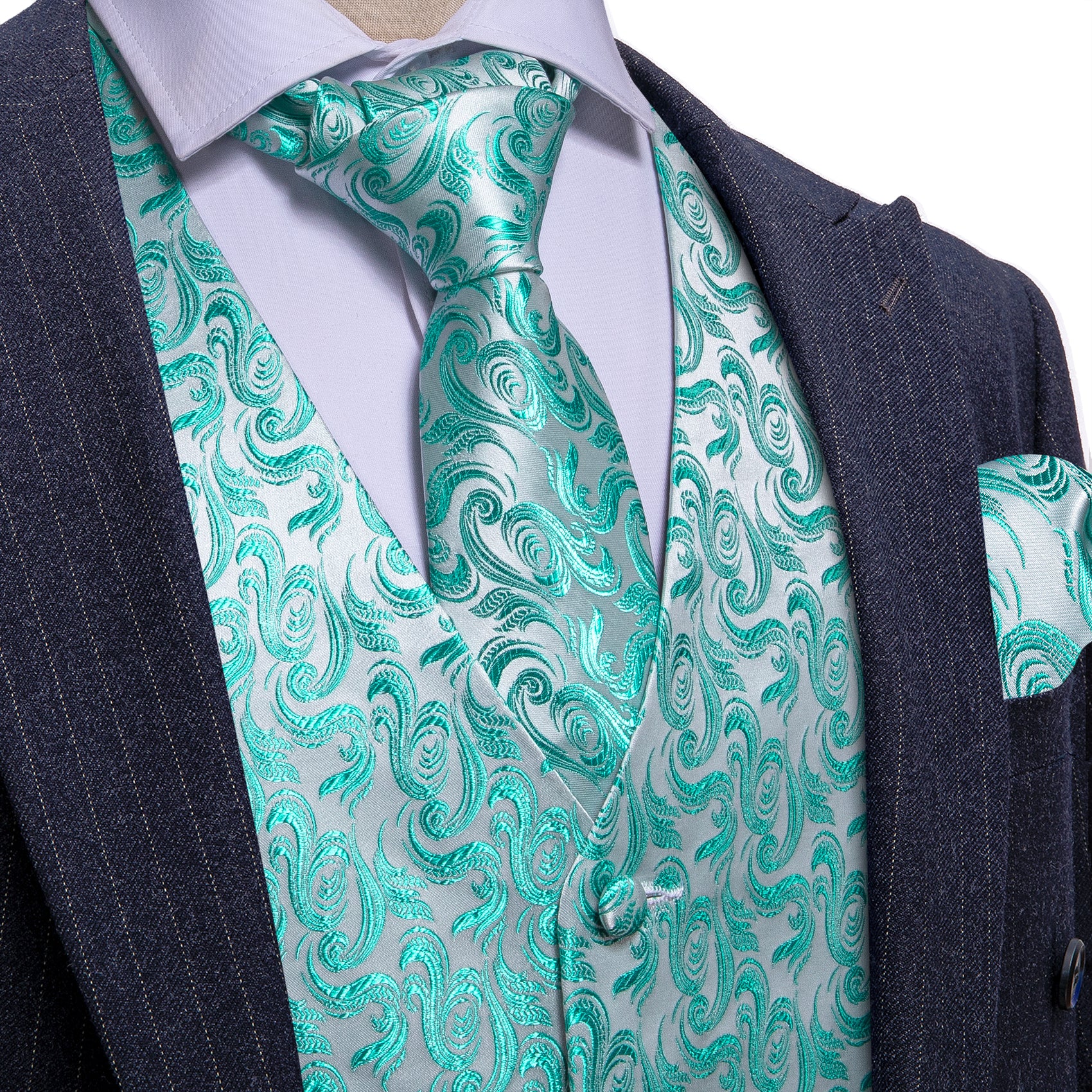 Cyan Silver Floral Silk Vest Necktie Pocket Square Cufflinks Set