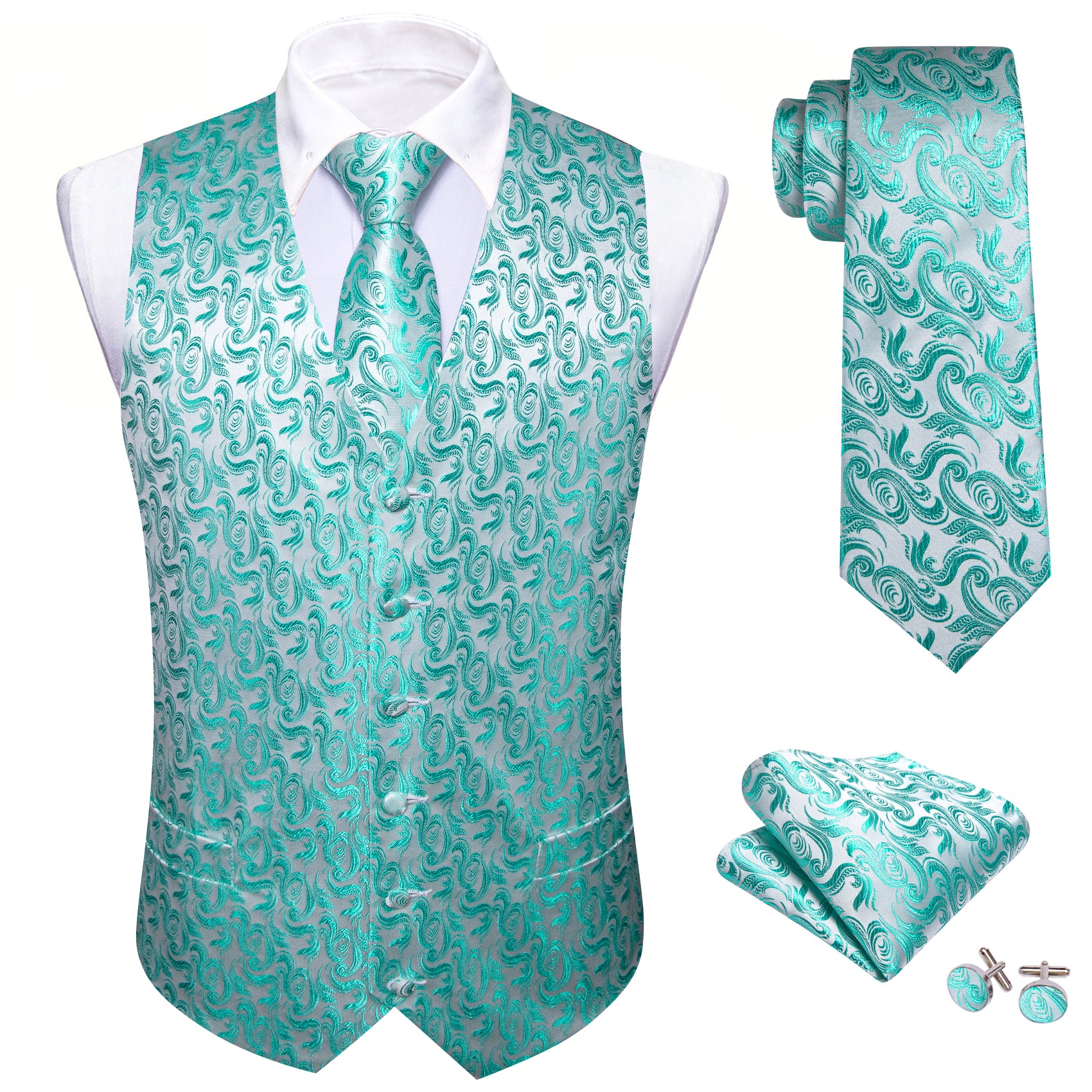 Cyan Silver Floral Silk Vest Necktie Pocket Square Cufflinks Set