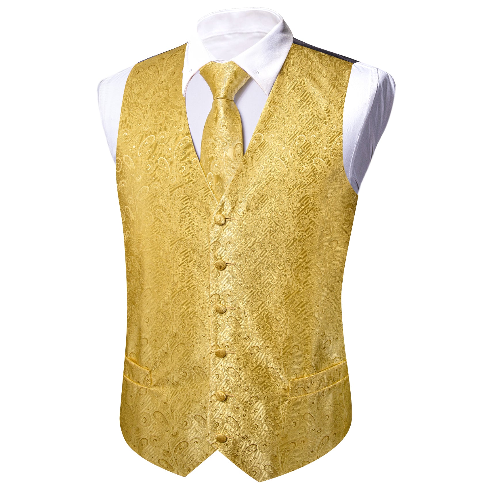 Yellow Paisley Silk Vest Necktie Pocket Square Cufflinks Set