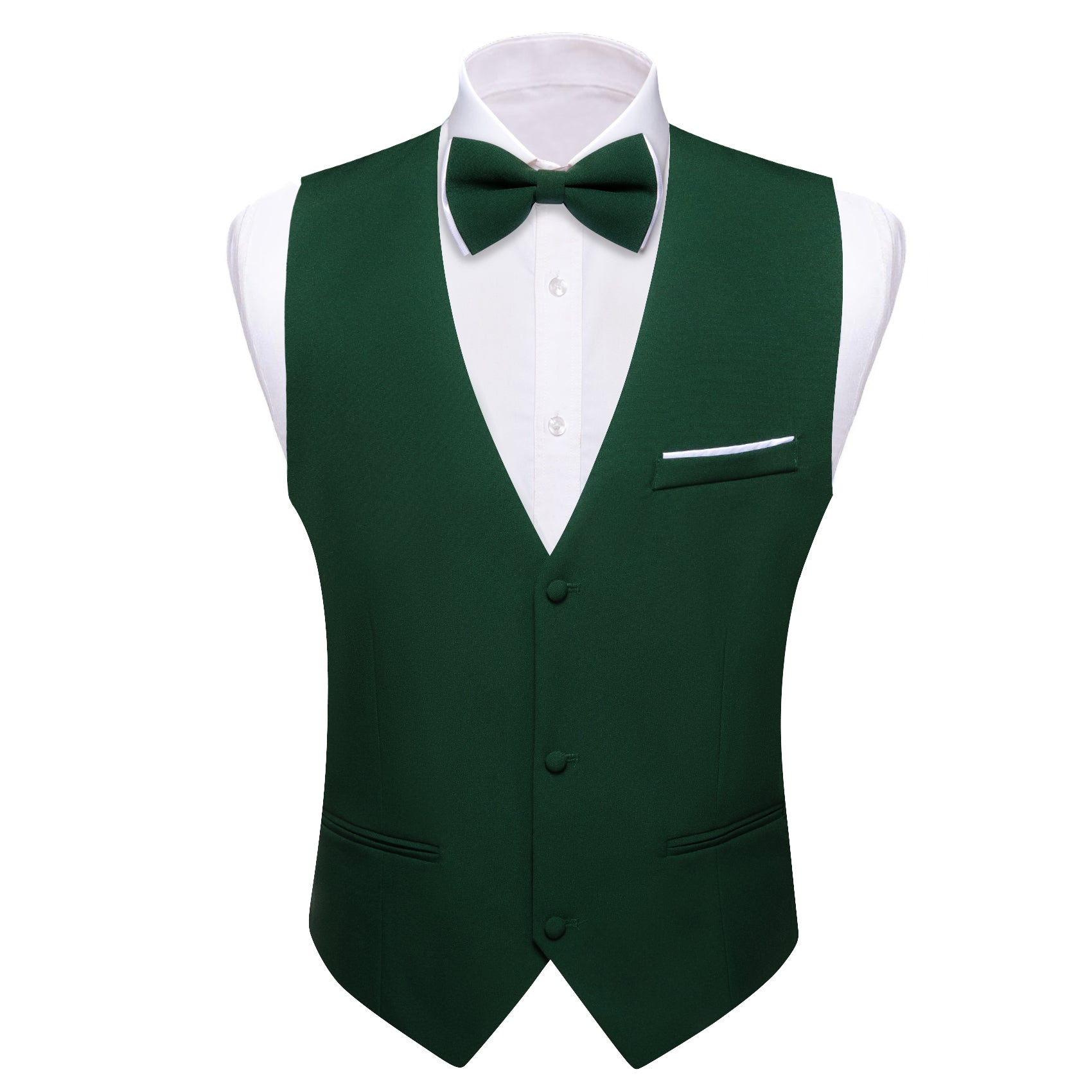 Green Solid Silk Vest Bowtie Pocket Square Cufflinks Set
