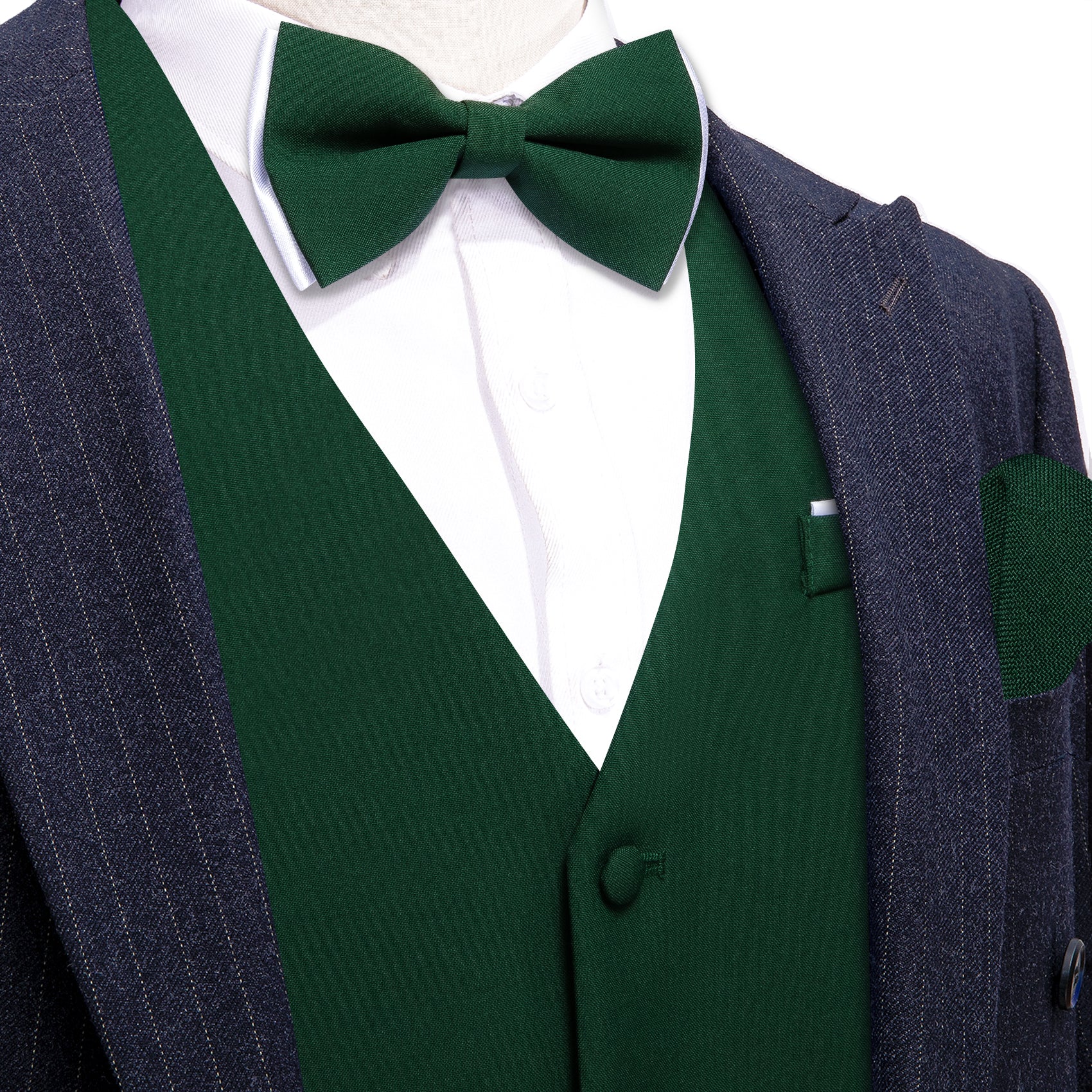 Green Solid Silk Vest Bowtie Pocket Square Cufflinks Set