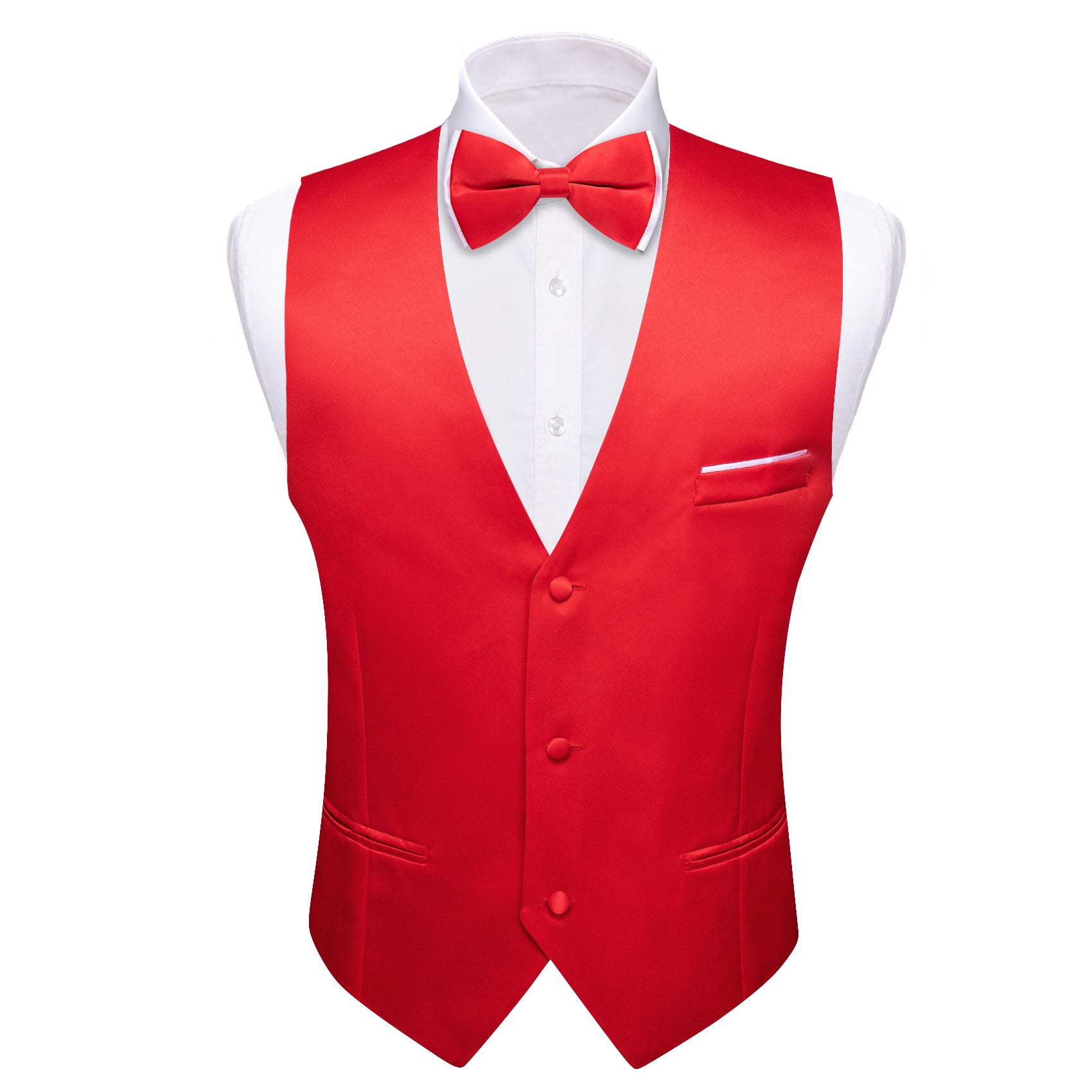 Red Solid Silk Vest Bowtie Pocket Square Cufflinks Set