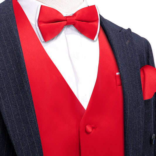 Barry. Wang Mens Red Suit Vest Solid Formal Wedding Vest Bowtie Hanky Cufflinks Set