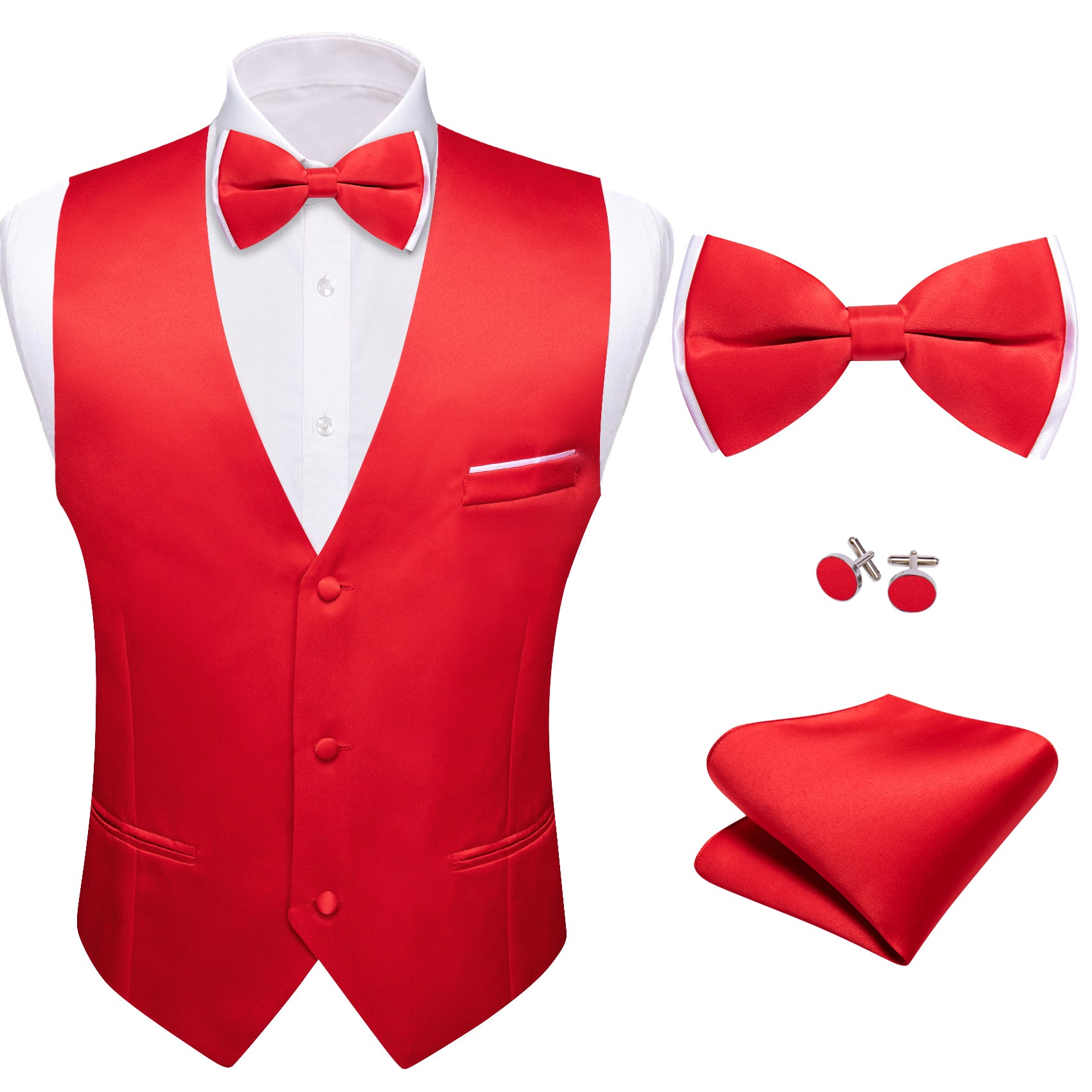 Red Solid Silk Vest Bowtie Pocket Square Cufflinks Set