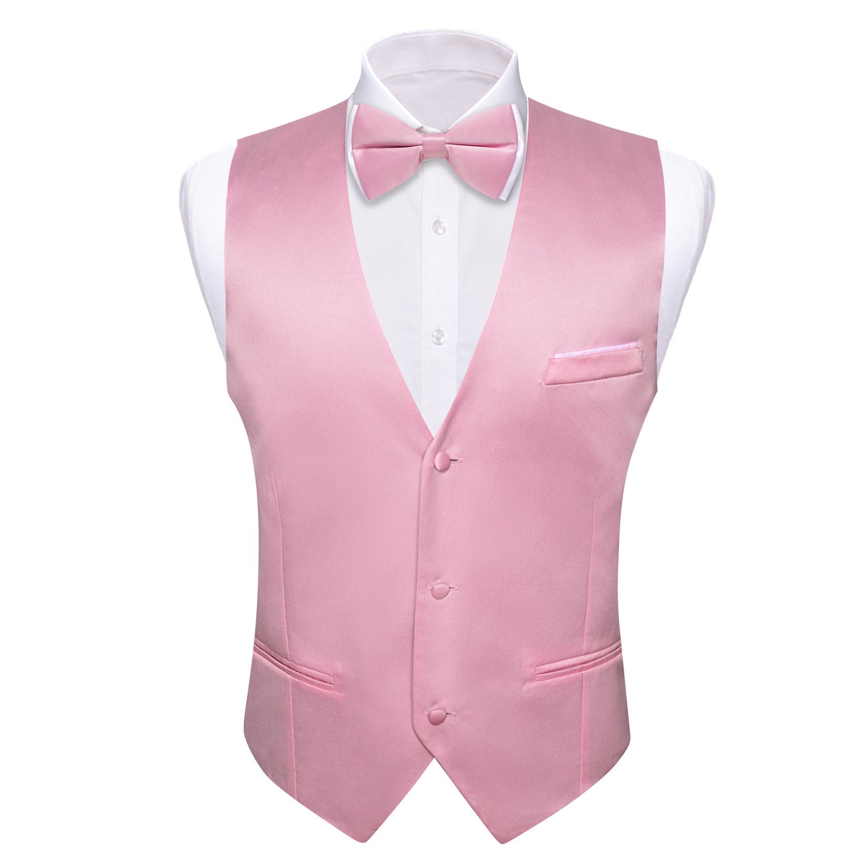 Pink Solid Silk Vest Bowtie Pocket Square Cufflinks Set